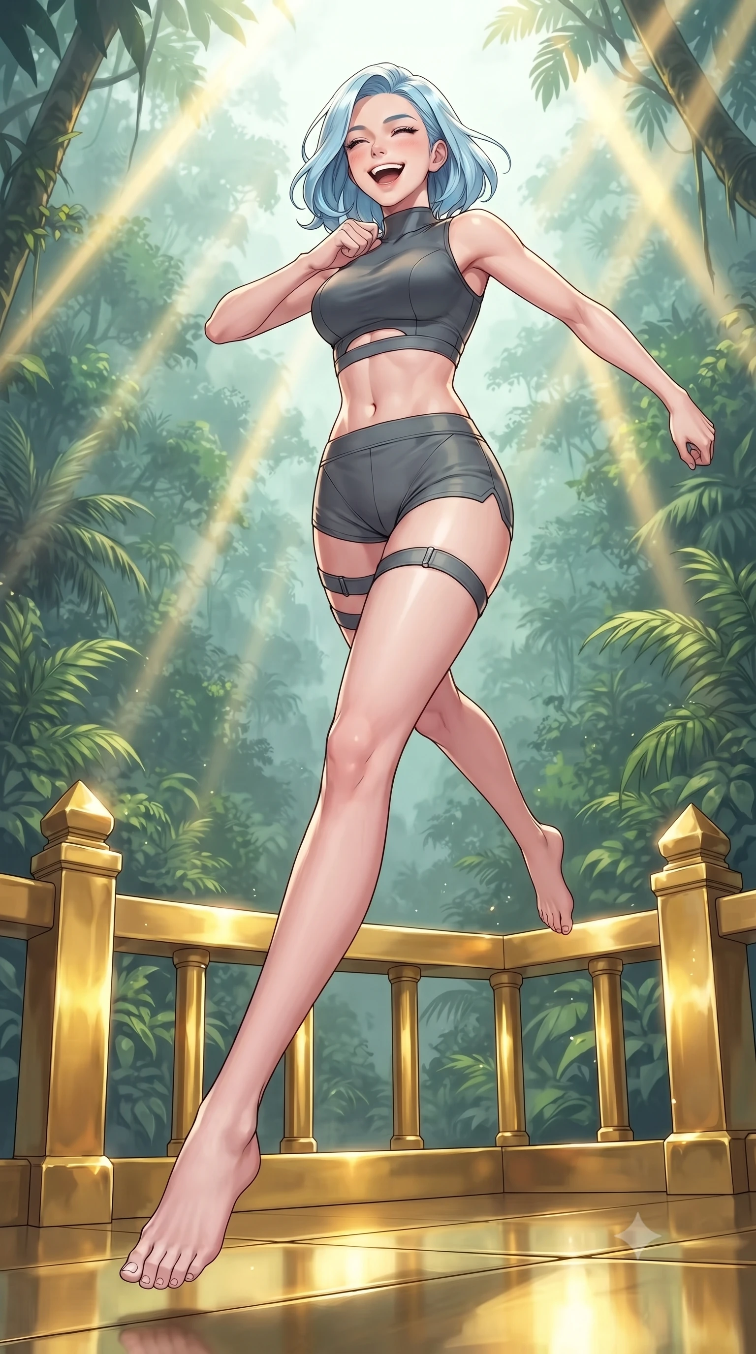 score_9, masterpiece, best quality, ultra-detailed, high-budget anime keyframe, editorial fashion photography, tasteful artistic composition, gorgeous anime illustration, with clean line-art, distinct ink outlines, and high-contrast stereoscopic depth, Korean woman. low angle full-body shot from head to toe showing her feet, filling the entire 9:16 vertical frame with her statuesque presence, stretching her vertical silhouette. leaping gracefully with a bright, joyful laugh through standing on a balcony of a temple constructed from solid, highly polished gold hidden deep within a misty green tropical jungle, reflecting bright sun rays off the golden surfaces. She has a statuesque 8.5-heads proportion, an exceptionally tall, slender and willowy model-like build with impossibly long legs and a highly sculpted ultra-slim waist. sharp v-shaped jawline, high-bridge nose, intricate jewel-like eyes with depth, thick eyelashes, glossy lips with a natural sheen. wearing a cyber-tactical crop top in dark grey with a subtle waist cutout, paired with matching high-cut shorts and thigh straps. intense golden solar beams piercing through the jungle canopy, casting bright metallic specular highlights on the gold structures. 2k, ultra detail, master piece, 9:16 ratio, highly saturated vibrant anime colors, detailed cel-shading with soft gradients, rich glossy textures, deep contrast, volumetric dynamic lighting, 2d animation style
