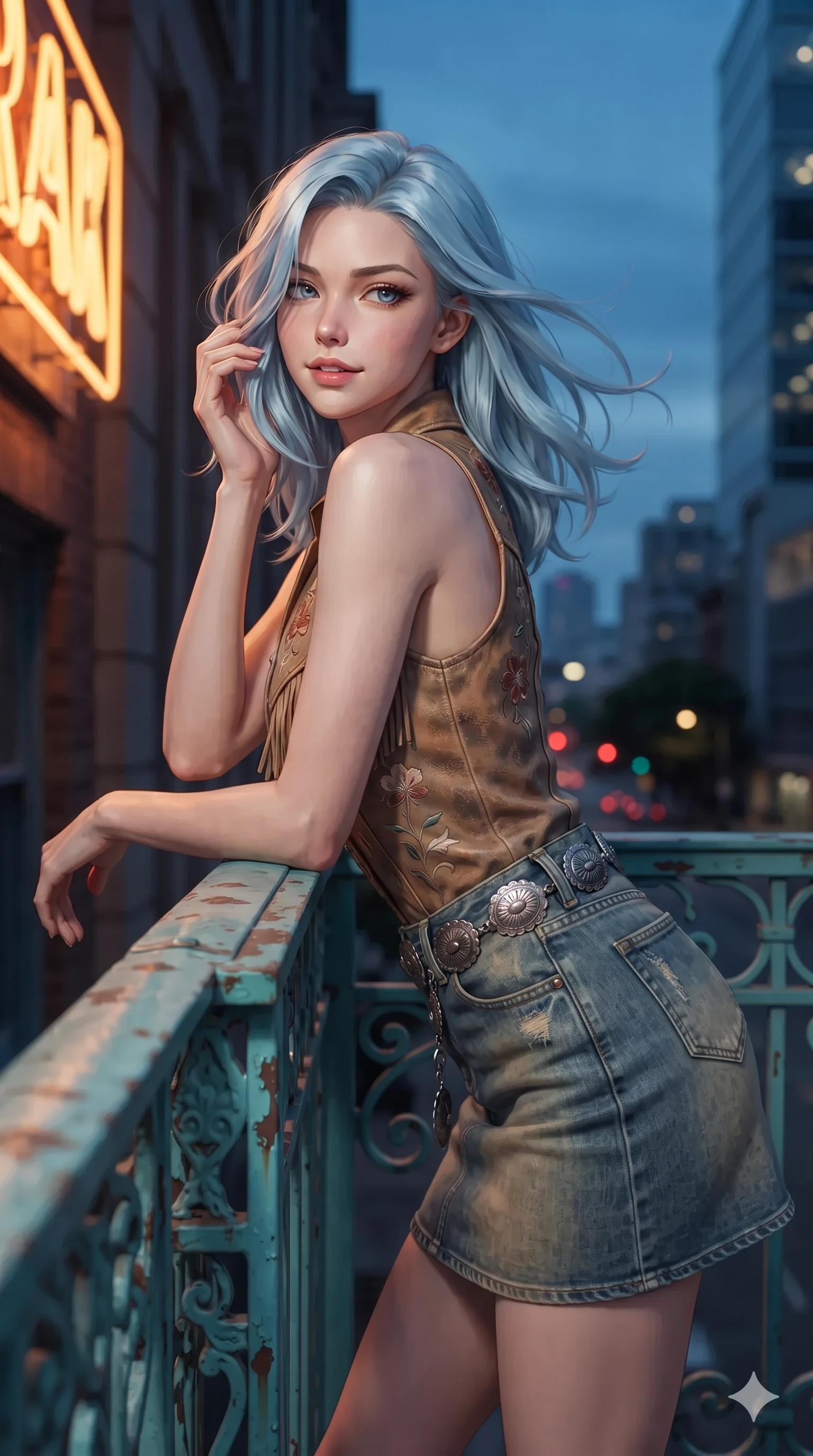 score_9, masterpiece, best quality, ultra-detailed, high-budget anime keyframe, editorial fashion photography, tasteful artistic composition, Korean woman. close-up cowboy shot from the waist and thighs up, the character dominates the composition, filling the frame with her large presence. gently brushing a lock of windblown hair behind her ear while casting a playful, flirtatious side-gaze with long eyelashes while leaning over the turquoise metal balcony railing with hips cocked back, looking down with sleepy seductive bedroom-eyes as neon light paints her silhouette. The surrounding environment is rendered in vivid detail and crisp panoramic clarity: detailed micro-wrap denim skirt tailoring, silver concho belt accents, and retro roadside architecture in razor-sharp precision. She has an exceptionally elegant, slender, and willowy female figure with an ultra-slim waist, flat toned midriff, narrow ribcage, and sculpted feminine hips creating an alluring, slim hourglass silhouette without bulk. sharp v-shaped jawline, high-bridge nose, sparkling eyes with hypnotic seductive depth, thick curled eyelashes, glossy parted lips with a natural dewy peach sheen, alluring bedroom-eyes with an enchanting coquettish smile, exuding magnetic siren charisma and sophisticated glamour, flawlessly proportioned anatomical accuracy, strict slender model proportions, natural body alignment, perfectly sculpted long slender limbs, ultra-slim waistline, clean dynamic posture without body distortion. wearing a provocative sheer illusion mesh western bodysuit with fringe trim layered over an opaque bandeau and briefs in turquoise patina and burnished vintage brass, tailored from second-skin technical compression neoprene with athletic curve-sculpting stretch, featuring an open-back criss-cross harness strap in dark leather, the glove-like clinging cut tightly following the natural contour of her hips and long slender legs with youthful 8.5-heads elegance. bathed in the moody, nostalgic contrast of warm amber door lights and ambient cool twilight neon filtering from the courtyard. ultra-reflective glossy finish, specular highlights, rich textural contrasts, high-contrast stereoscopic depth, volumetric dynamic lighting, 2k, ultra detail, master piece, 9:16 ratio