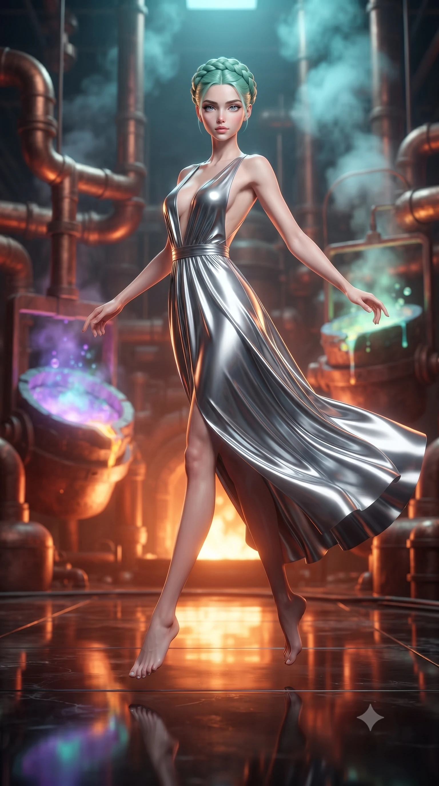 score_9, masterpiece, best quality, ultra-detailed, high-budget anime keyframe, editorial fashion photography, tasteful artistic composition, Japanese woman woman. low angle full-body shot from head to toe showing her feet, filling the entire 9:16 vertical frame with her statuesque presence, stretching her vertical silhouette. She has an absolutely perfect, statuesque 8.5-heads proportion, an exceptionally tall and slender model-like female figure with impossibly long slender legs and an ultra-slim waist. mid-air spin above the reflective floor, maintaining an athletic and perfectly balanced poise, flawlessly proportioned anatomical accuracy, natural body alignment, perfectly sculpted elegant limbs, clean dynamic posture without body distortion. set against a soft-focus background of a copper pipe industrial foundry with liquid aurora crucibles. wearing a deep plunging V-neck maxi dress in liquid silver jersey with a daring open-back. bathed in intense orange furnace light clashing with cool cyan steam highlights. ultra-reflective glossy finish, specular highlights, metallic sheen, high-contrast stereoscopic depth, volumetric dynamic lighting, 2k, ultra detail, master piece, 9:16 ratio