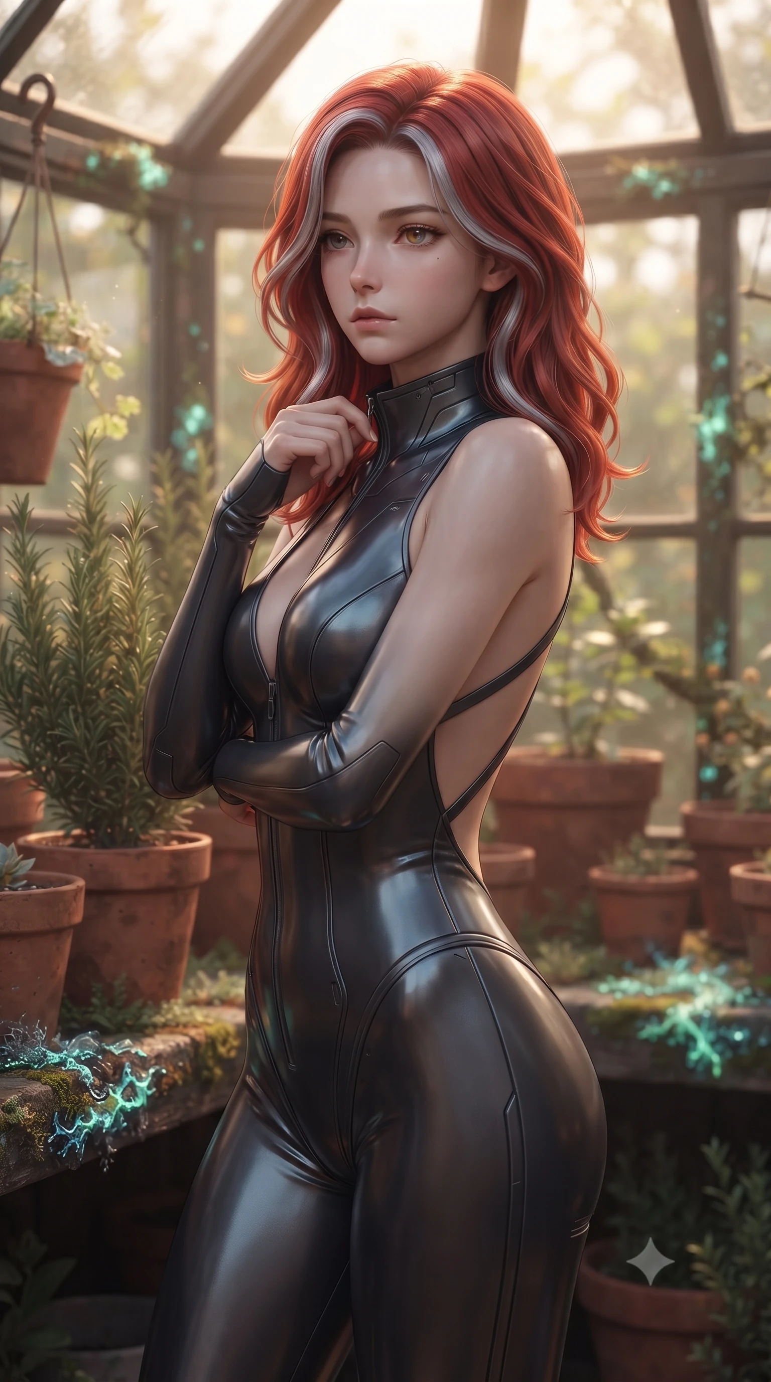 score_9, masterpiece, best quality, ultra-detailed, high-budget anime keyframe, editorial fashion photography, tasteful artistic composition, Caucasian woman. close-up cowboy shot from the waist and thighs up, the character dominates the composition, filling the frame with her large presence, background elements kept in soft focus. adjusting the high collar of her body-hugging suit, looking past the camera with quiet, sharp focus and a composed expression, the background shows a soft-focus a cozy garden greenhouse, surrounded by terracotta pots, rosemary, and cyber-lichens. She has an exceptionally elegant, slender, and willowy female figure with an ultra-slim waist, a gracefully sculpted slender torso, and a refined silhouette. sharp v-shaped jawline, high-bridge nose, intricate jewel-like eyes with depth, thick eyelashes, glossy lips with a natural sheen. wearing a slim-fit low-cut cybernetic bodysuit with open-back design and thin structural straps crossing her bare shoulder blades. warm, diffused daylight creating a quiet and productive mood. ultra-reflective glossy finish, specular highlights, metallic sheen, high-contrast stereoscopic depth, volumetric dynamic lighting, 2k, ultra detail, master piece, 9:16 ratio
