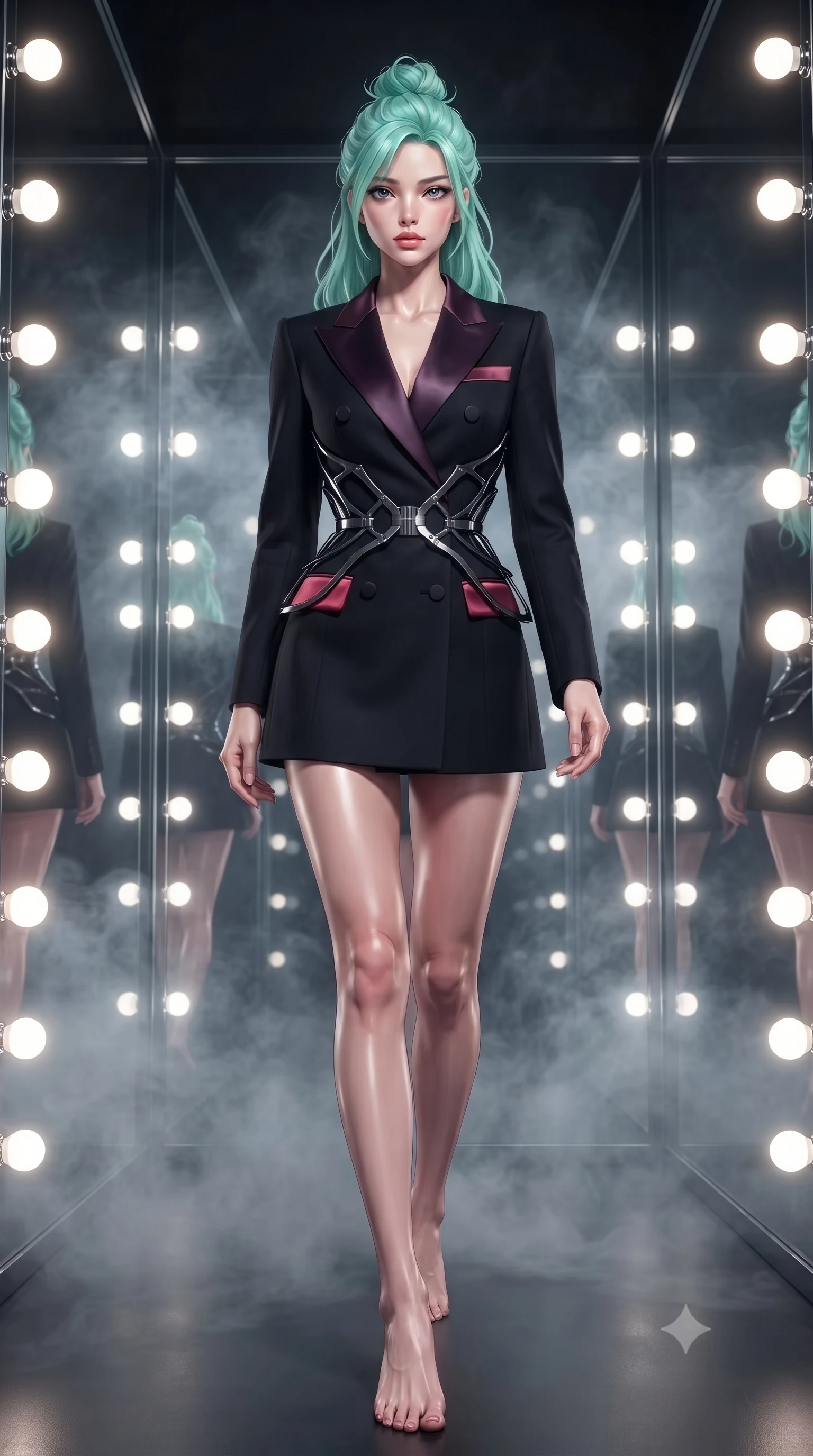 score_9, masterpiece, best quality, ultra-detailed, high-budget anime keyframe, editorial fashion photography, tasteful artistic composition, Japanese woman. low angle full-body shot from head to toe showing her feet, filling the entire 9:16 vertical frame with her statuesque presence, stretching her vertical silhouette. forging confidently through the floating mist, holding a poised statuesque stance, standing inside an infinity mirror dressing room lined with bright daylight vanity lights, bright daylight vanity bulbs creating intense circular rim highlights on skin. She has an absolutely perfect, statuesque 8.5-heads proportion, an exceptionally tall and slender model-like female figure with impossibly long slender legs and an ultra-slim waist. sharp v-shaped jawline, high-bridge nose, intricate jewel-like eyes with depth, thick eyelashes, glossy lips with a natural sheen. wearing tailored double-breasted obsidian blazer dress with silk lapels in dark plum violet, made of soft crimson satin, highlighted by a gunmetal metallic harness structure, highlighting her statuesque proportions and ultra-slim waistline. surrounded by a sparkling rim light aura with sharp edge glints. ultra-reflective glossy finish, specular highlights, metallic sheen, high-contrast stereoscopic depth, volumetric dynamic lighting, 2k, ultra detail, master piece, 9:16 ratio