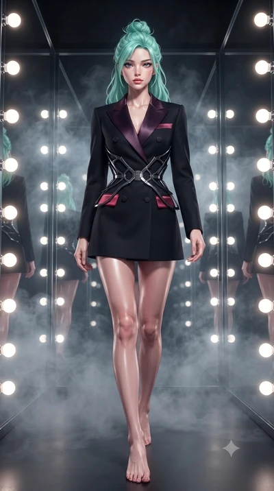 score_9, masterpiece, best quality, ultra-detailed, high-budget anime keyframe, editorial fashion photography, tasteful artistic composition, Japanese woman. low angle full-body shot from head to toe showing her feet, filling the entire 9:16 vertical