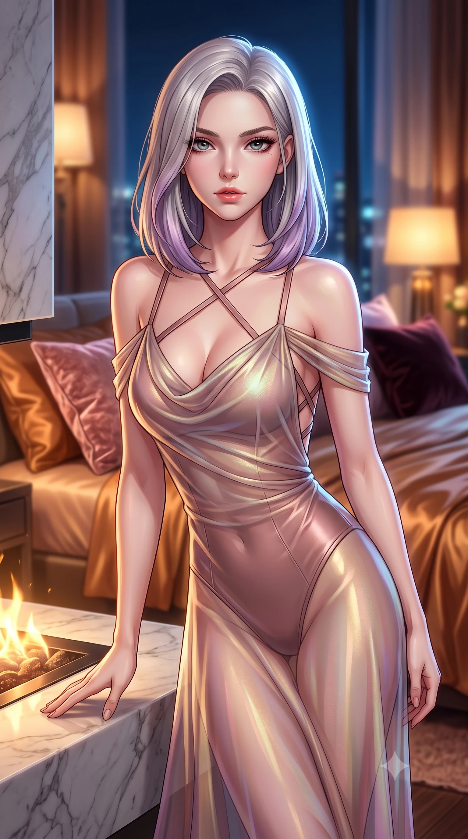 score_9, masterpiece, best quality, ultra-detailed, high-budget anime keyframe, editorial fashion photography, tasteful artistic composition, Caucasian woman. close-up cowboy shot from the waist and thighs up, the character dominates the composition, filling the frame with her large presence, background elements kept in soft focus. Leaning slightly forward with a composed, seductive gaze under soft glowing light resting near a sleek marble fireplace emitting soft golden hearth embers, rich silk sheets and crushed velvet cushions reflecting warm ambient lamps. She has an exceptionally elegant, slender, and willowy female figure with an ultra-slim waist, a gracefully sculpted slender torso, and a refined silhouette. sharp v-shaped jawline, high-bridge nose, intricate jewel-like eyes with depth, thick eyelashes, glossy lips with a natural sheen. wearing a semi-opaque sheer overlay dress over a leather micro-bodysuit in dusty rose and champagne gold, crafted from iridescent chiffon that shifts colors in the light, complemented by criss-cross back straps highlighting her bare shoulders, the elegant draped fit framing her graceful clavicle and slender torso. illuminated by glowing hearth embers and dramatic city night rim light. highly saturated vibrant anime colors, detailed shading with soft gradients, rich glossy textures, high-contrast stereoscopic depth, volumetric dynamic lighting, master piece, 9:16 ratio