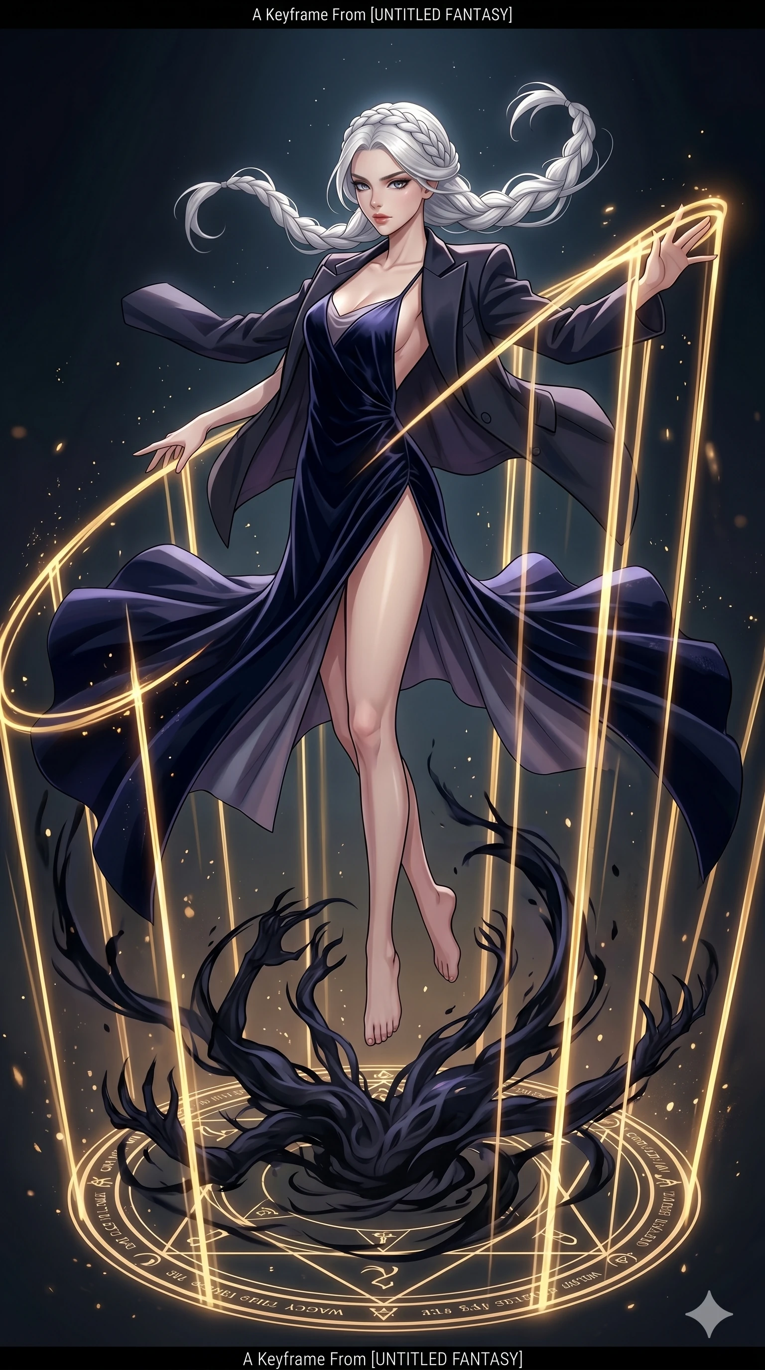 score_9, masterpiece, best quality, ultra-detailed, high-budget anime movie keyframe, cinematic anime lighting, intricate line art, Caucasian (strictly human ears) woman. Mid-air action shot capturing a graceful twist and vertical silhouette. weaving a cage of golden bars around a shadow demon. She has an absolutely perfect 8-heads proportion, an exceptionally tall and slender female figure with an ultra-slim waist and impossibly long slender legs. strictly human anatomy, two legs only, no extra limbs, clearly defined legs and arms, perfect anatomy, perfect hands and fingers. sharp v-shaped jawline, high-bridge nose, intricate jewel-like eyes, thick eyelashes, glossy lips. Wearing High-Fashion Editorial: Silk slip dress with high side slit, backless velvet gown, and structured blazer with nothing underneath. The scene is illuminated by dramatic atmospheric lighting and vibrant color palettes. , 2k, ultra detail, master piece, 9:16 ratio