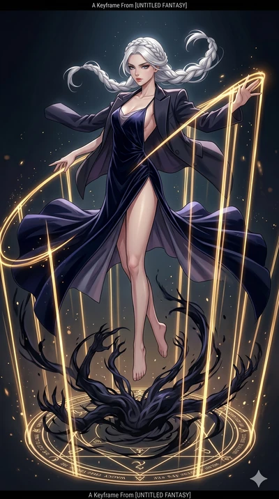 score_9, masterpiece, best quality, ultra-detailed, high-budget anime movie keyframe, cinematic anime lighting, intricate line art, Caucasian (strictly human ears) woman. Mid-air action shot capturing a graceful twist and vertical silhouette. weaving