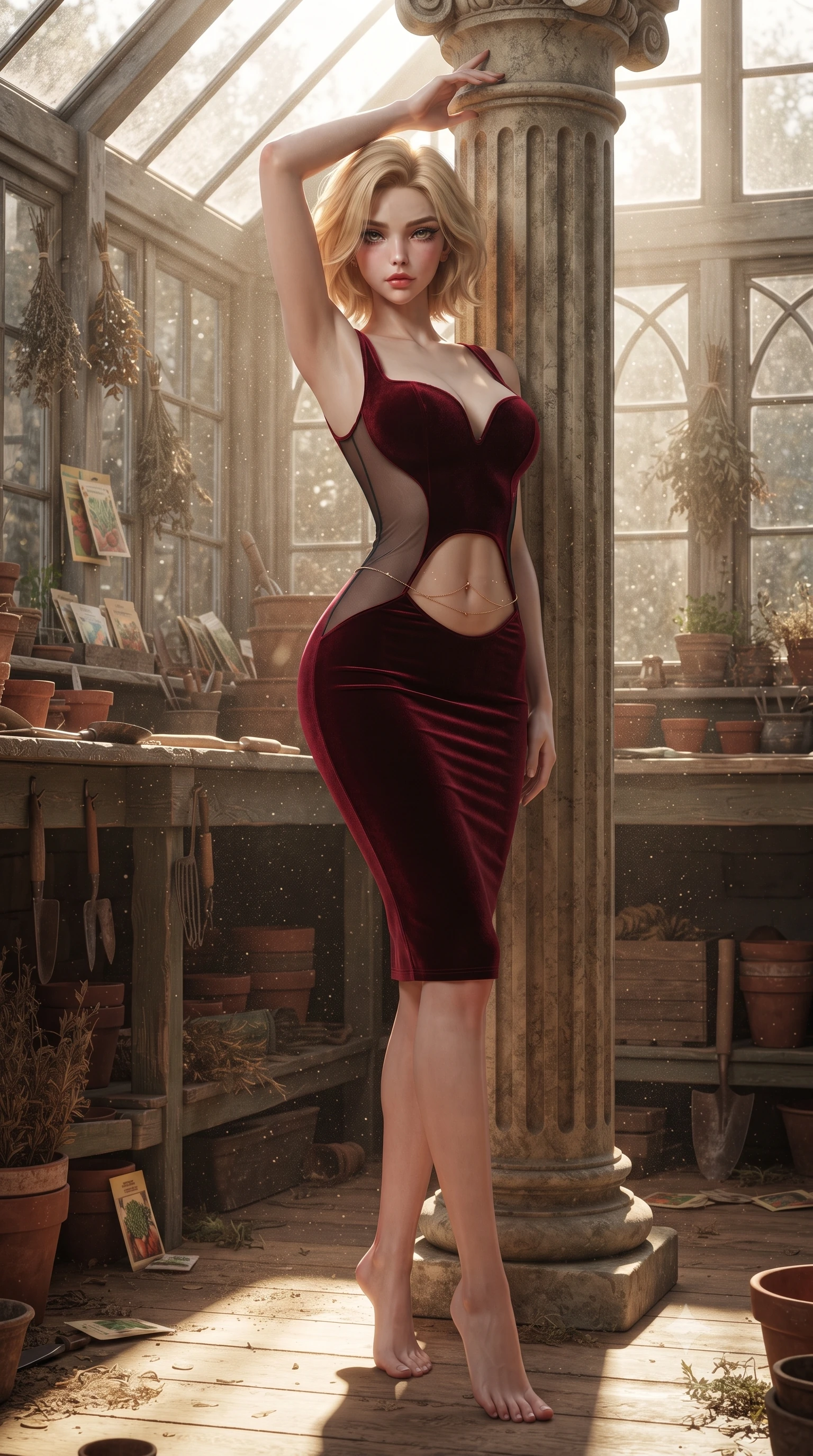 score_9, masterpiece, best quality, ultra-detailed, high-budget anime keyframe, editorial fashion photography, tasteful artistic composition, Caucasian woman. low angle full-body shot from head to toe showing her feet, filling the entire 9:16 vertical frame with her statuesque presence, stretching her vertical silhouette. standing tall beside the architectural column, one hand resting high while arching her lower back to emphasize her sculpted feminine hips and slender waist while twisting her slender torso in an alluring contrapposto stance, afternoon dust motes dancing in sunbeams across her flat midriff and hips. The surrounding environment is rendered in vivid detail and crisp panoramic clarity: detailed denim cutoff shorts fray, linen crop top weave, and authentic garden potting shed styling in razor-sharp precision. She has an absolutely perfect, statuesque 8.5-heads proportion, an exceptionally tall and slender model-like female figure with impossibly long slender legs, an ultra-slim waist, a flat toned midriff, narrow delicate ribcage, and beautifully sculpted feminine hips creating a graceful, slim hourglass silhouette without any bulky heaviness. sharp v-shaped jawline, high-bridge nose, sparkling eyes with hypnotic seductive depth, thick curled eyelashes, glossy parted lips with a natural dewy peach sheen, alluring bedroom-eyes with an enchanting coquettish smile, exuding magnetic siren charisma and sophisticated glamour, flawlessly proportioned anatomical accuracy, strict slender model proportions, natural body alignment, perfectly sculpted long slender limbs, ultra-slim waistline, clean dynamic posture without body distortion. wearing a deep sweetheart-neckline velvet bodycon dress with sheer side-torso cutouts accentuating her hourglass curves in rich cherry lacquer and smoky charcoal with gold piping, made of sheer gossamer chiffon that drapes softly against skin with airy translucence, accented with a dainty gold belly chain resting across her flat midriff and curving hips, the glove-like clinging cut tightly following the natural contour of her hips and long slender legs with youthful 8.5-heads elegance. bathed in warm sunbeams streaming through dusty greenhouse glass panes. ultra-reflective glossy finish, specular highlights, rich textural contrasts, high-contrast stereoscopic depth, volumetric dynamic lighting, 2k, ultra detail, master piece, 9:16 ratio