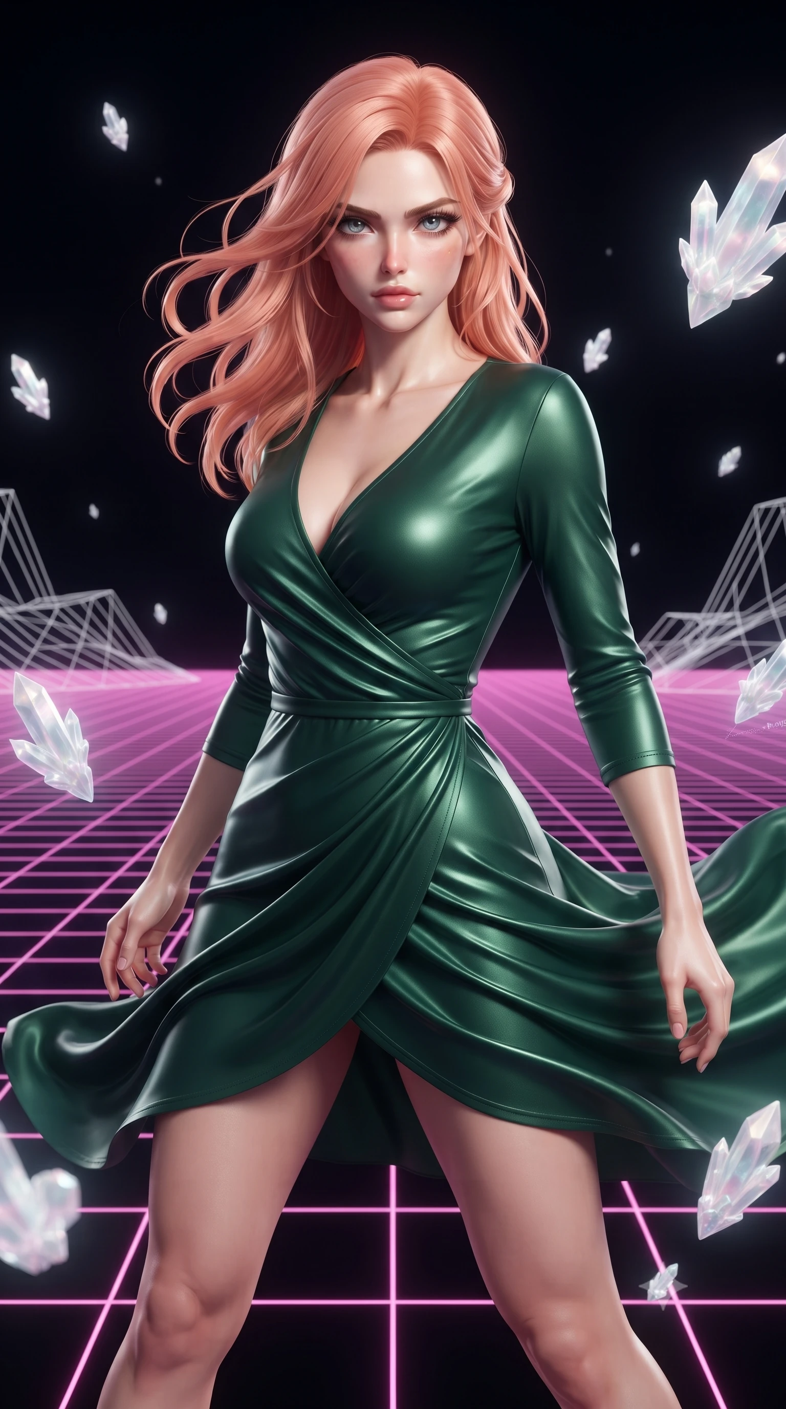score_9, masterpiece, best quality, ultra-detailed, high-budget anime keyframe, editorial fashion photography, tasteful artistic composition, realistic cosplay photography, Japanese woman. close-up cowboy shot from the waist and thighs up, the character dominates the composition, filling the frame with her large presence, background elements kept in soft focus. Bracing against a heavy gust of wind, her expression resolute and eyes blazing with power. set against a soft-focus background of an endless dark void where a single neon-pink digital grid stretches to the horizon, white wireframe structures floating. She has an exceptionally elegant and slender, willowy female figure with an ultra-slim waist, a gracefully sculpted slender torso, and a refined slim physique. sharp v-shaped jawline, high-bridge nose, intricate jewel-like eyes with depth, thick eyelashes, glossy lips with a natural sheen. wearing the lightweight fabric rippling and billowing dramatically with her movement, a body-hugging form-fitting wrap dress in a deep pine green jersey, draped strategically to contour her slender hips and waist. ethereal pearlescent light emanating from floating crystalline formations all around. ultra-reflective glossy finish, specular highlights, metallic sheen, high-contrast stereoscopic depth, volumetric dynamic lighting, 2k, ultra detail, master piece, 9:16 ratio