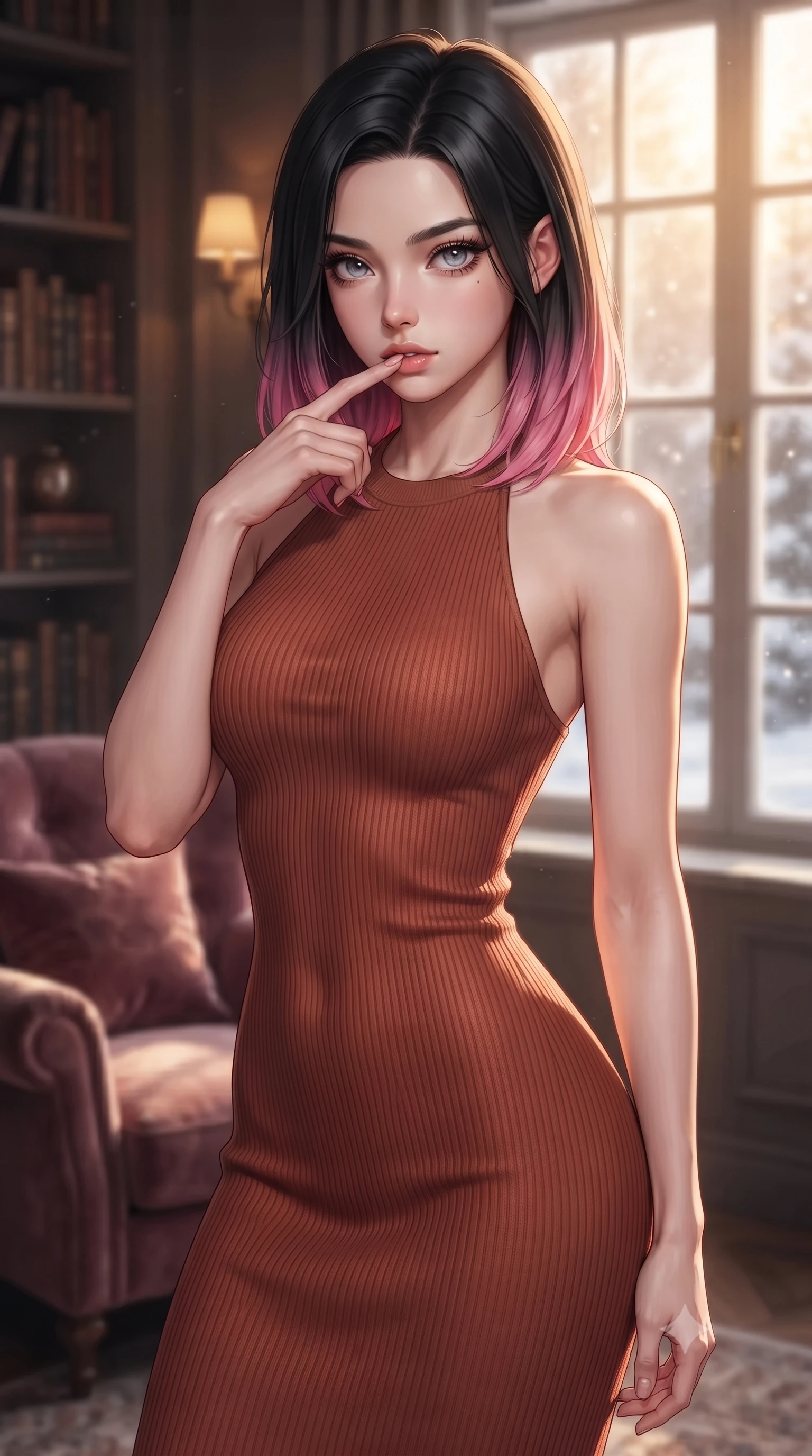 score_9, masterpiece, best quality, ultra-detailed, high-budget anime keyframe, editorial fashion photography, tasteful artistic composition, Korean woman woman. close-up cowboy shot from the waist and thighs up, the character dominates the composition, filling the frame with her large presence, background elements kept in soft focus. pressing one finger to her bottom lip in a thoughtful, seductive gesture under the warm sun the background shows a soft-focus a quiet room with high bookshelves, a plush armchair, and a window showing snow. She has an exceptionally elegant, slender, and willowy female figure with an ultra-slim waist, a gracefully sculpted slender torso, and a refined silhouette. sharp v-shaped jawline, high-bridge nose, intricate jewel-like eyes with depth, thick eyelashes, glossy lips with a natural sheen. wearing a form-contouring form-contouring sleeveless ribbed knit halter midi dress in deep terracotta, tracing her willowy silhouette. soft golden afternoon light filtering through the frosted window panes. ultra-reflective glossy finish, specular highlights, metallic sheen, high-contrast stereoscopic depth, volumetric dynamic lighting, 2k, ultra detail, master piece, 9:16 ratio
