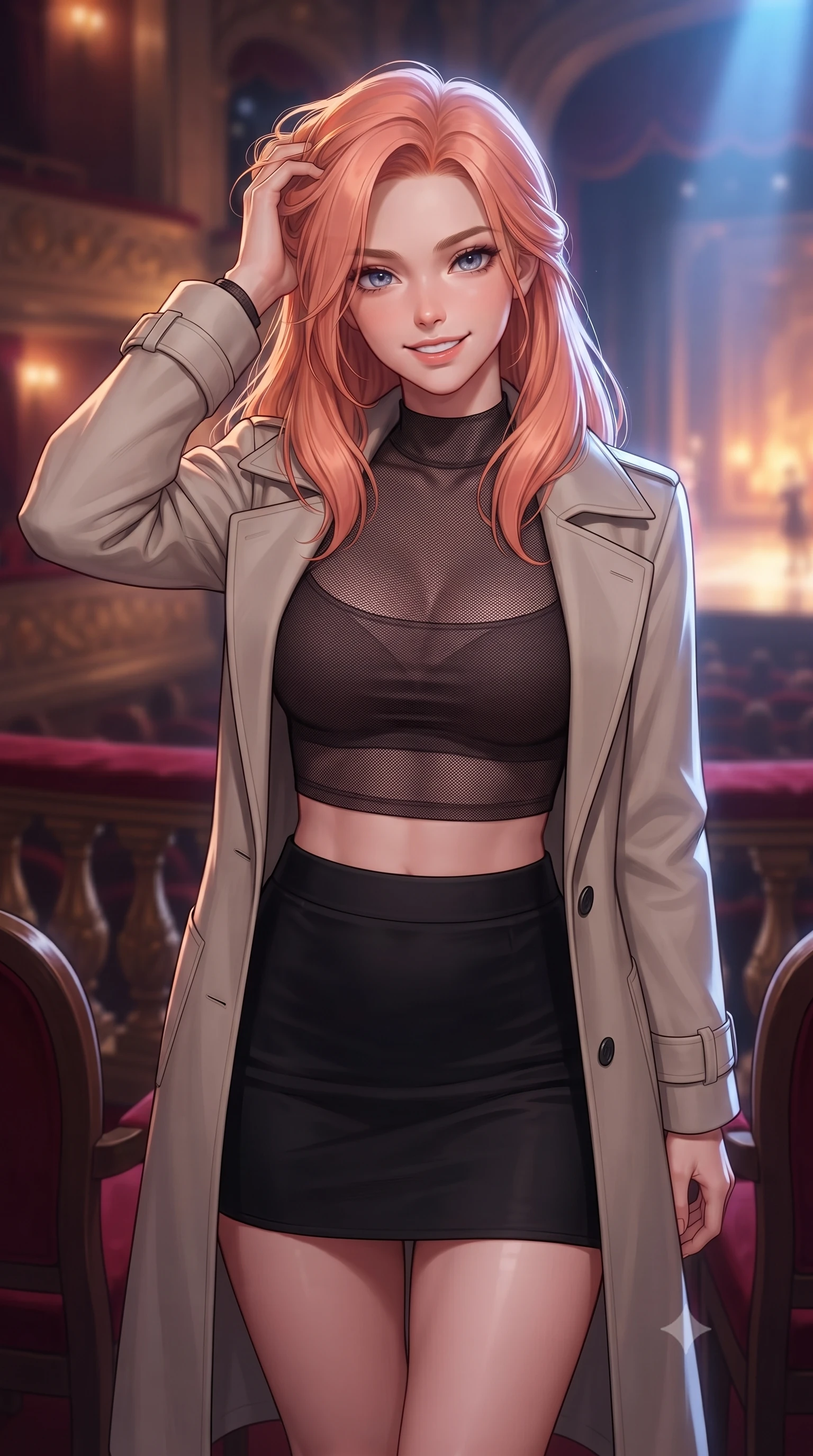 score_9, masterpiece, best quality, ultra-detailed, high-budget anime keyframe, editorial fashion photography, tasteful artistic composition, Japanese woman. close-up cowboy shot from the waist and thighs up, the character dominates the composition, filling the frame with her large presence, background elements kept in soft focus. smiling with quiet, magnetic self-assurance directly into the camera, running a hand through her hair the background shows a soft-focus a quiet opera box seat during a performance, with the stage glow in the background. She has an exceptionally elegant, slender, and willowy female figure with an ultra-slim waist, a gracefully sculpted slender torso, and a refined silhouette. sharp v-shaped jawline, high-bridge nose, intricate jewel-like eyes with depth, thick eyelashes, glossy lips with a natural sheen. wearing a body-hugging semi-opaque dark mesh crop top paired with a mini skirt, layered with a tailored light trench coat. cool stage lighting contrasting with the warm amber glow of the private box. ultra-reflective glossy finish, specular highlights, metallic sheen, high-contrast stereoscopic depth, volumetric dynamic lighting, 2k, ultra detail, master piece, 9:16 ratio