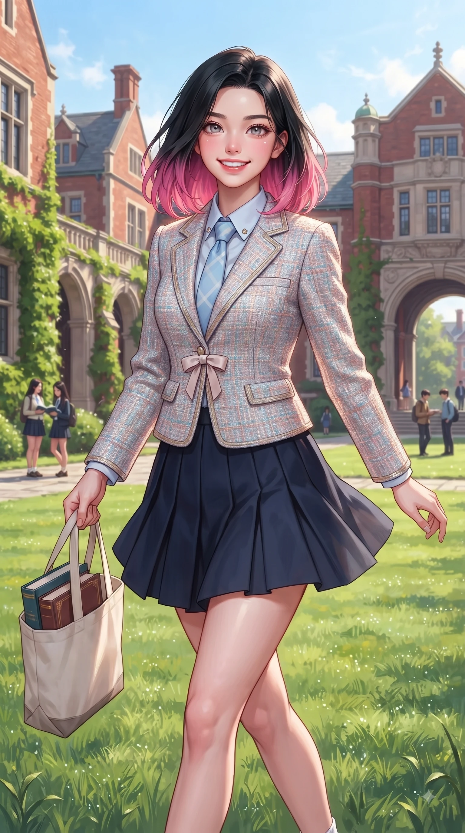 score_9, masterpiece, best quality, ultra-detailed, high-budget anime keyframe, editorial fashion photography, tasteful artistic composition, Korean woman. close-up cowboy shot from the waist and thighs up, the character dominates the composition, filling the frame with her large presence. Cheerful beaming smile with sparkling eyes and a fresh girlhood aura, leaning forward with playful grace while walking happily across a sunlit university campus lawn carrying a canvas tote bag and books. The surrounding environment is rendered in vivid detail and crisp panoramic clarity. classic red-brick campus architecture, ivy-covered stone walls, and grand archways in crisp detail. She has an exceptionally elegant, slender, and willowy female figure with an ultra-slim waist, a gracefully sculpted slender torso, and a refined silhouette. sharp v-shaped jawline, high-bridge nose, intricate jewel-like eyes with depth, thick eyelashes, glossy lips with a natural sheen, flawlessly proportioned anatomical accuracy, natural body alignment, perfectly sculpted elegant limbs, clean dynamic posture without body distortion. wearing a preppy academy blazer over a crisp collared shirt, navy pleated skirt, and a slim necktie in baby blue and cloud white, tailored from soft pastel tweed with subtle metallic thread, accented with a dainty waist ribbon bow, the soft airy drape swaying gracefully with her dynamic movements. surrounded by an uplifting, fresh, and youthful academic atmosphere. ultra-reflective glossy finish, specular highlights, metallic sheen, high-contrast stereoscopic depth, volumetric dynamic lighting, 2k, ultra detail, master piece, 9:16 ratio