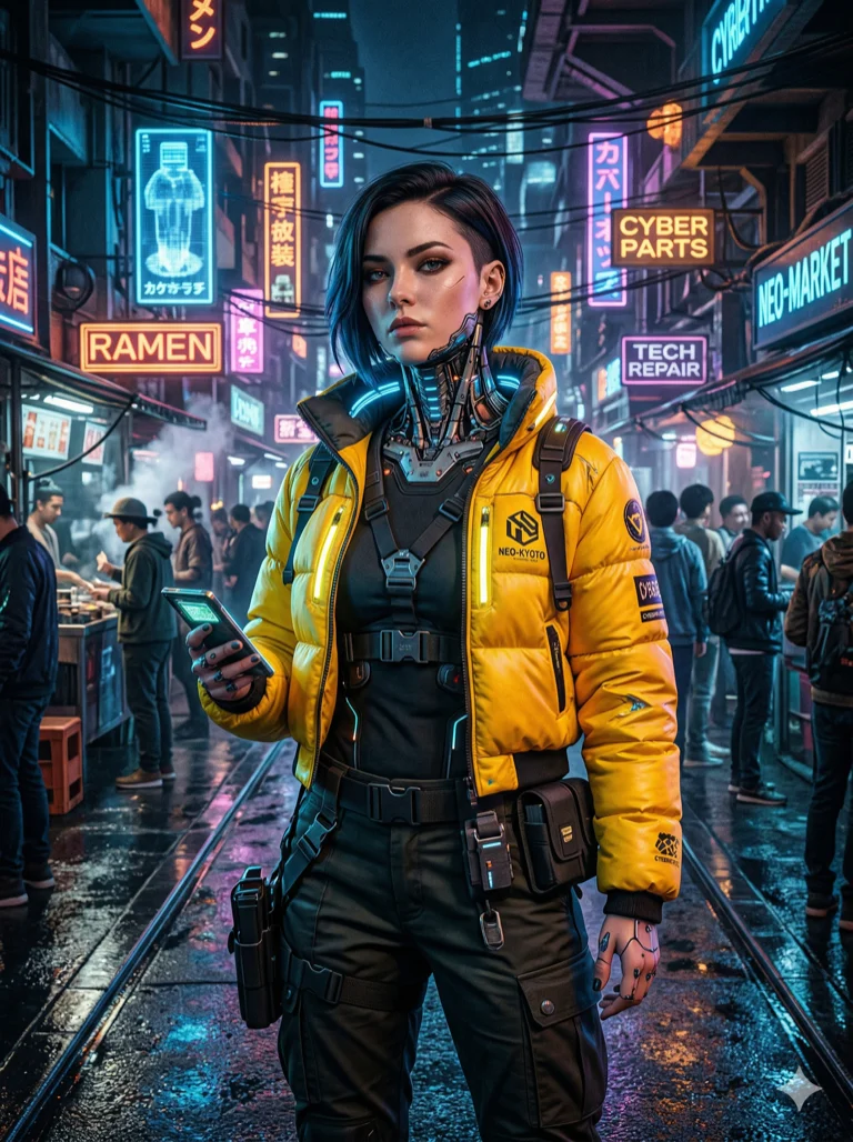 (masterpiece:1.2), best quality, highres, (1girl:1.3), stunning cyberpunk woman, (mechanical neck interface:1.2), yellow puffer jacket, futuristic marketplace, 2k, ultra detail, 3:4 ratio