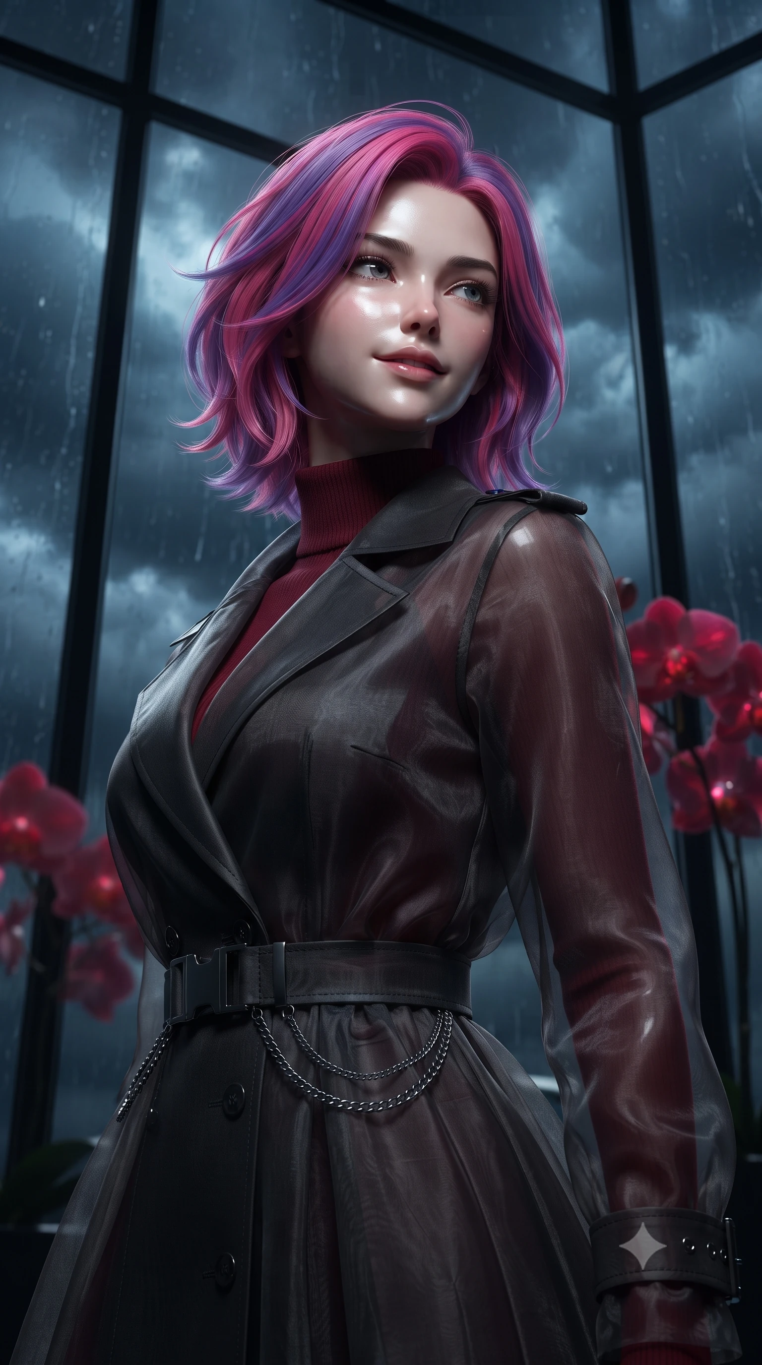 score_9, masterpiece, best quality, ultra-detailed, high-budget anime keyframe, editorial fashion photography, tasteful artistic composition, Caucasian woman. close-up cowboy shot from the waist and thighs up, the character dominates the composition, filling the frame with her large presence, background elements kept in soft focus. Glancing sidelong over her shoulder with a smoldering, enigmatic half-smile, looking up at a stormy midnight sky through dark glass panes covered in raindrops, blooming red orchids casting subtle bioluminescent ruby highlights. She has an exceptionally elegant, slender, and willowy female figure with an ultra-slim waist, a gracefully sculpted slender torso, and a refined silhouette. sharp v-shaped jawline, high-bridge nose, intricate jewel-like eyes with depth, thick eyelashes, glossy lips with a natural sheen. wearing structured charcoal trench dress over sleek turtleneck in deep crimson burgundy, made of sheer dark organza overlay, framed by dark titanium buckles and silver chain details, highlighting her statuesque proportions and ultra-slim waistline. surrounded by dramatic chiaroscuro with sharp edge highlights on silk. ultra-reflective glossy finish, specular highlights, metallic sheen, high-contrast stereoscopic depth, volumetric dynamic lighting, 2k, ultra detail, master piece, 9:16 ratio