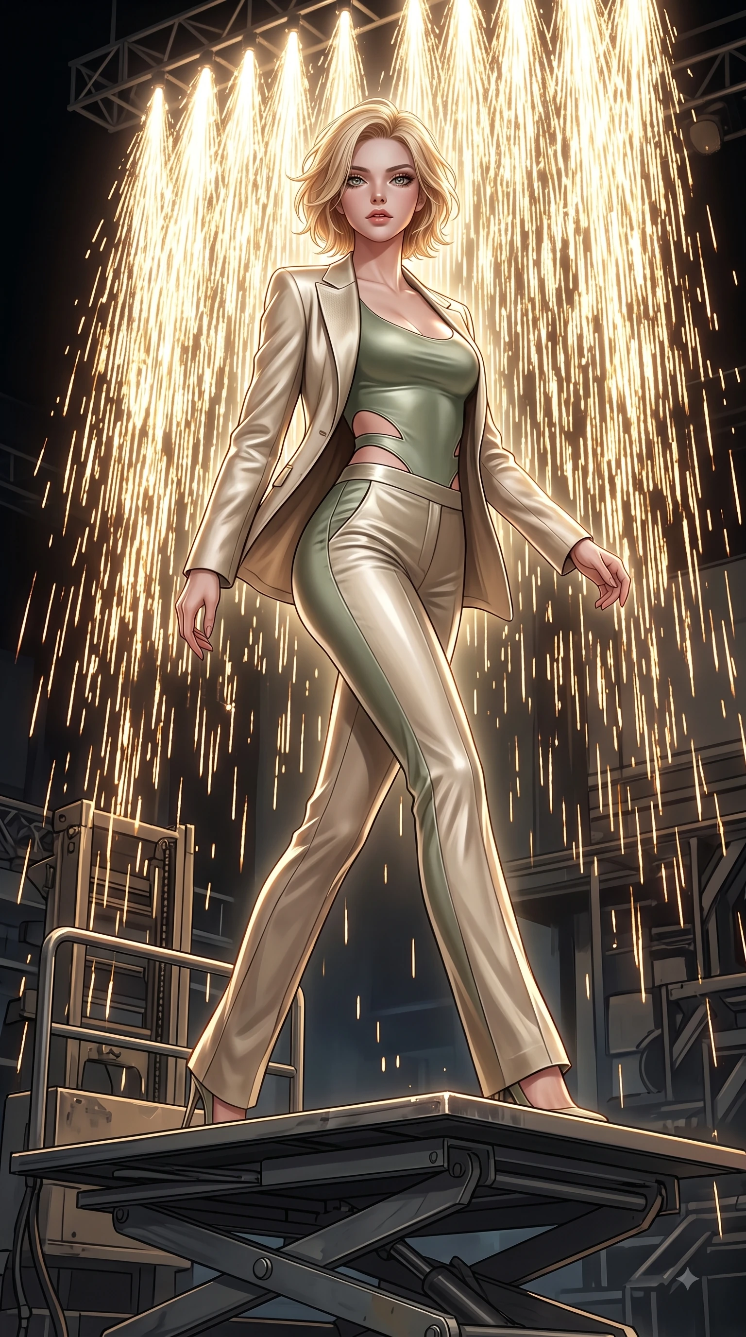 score_9, masterpiece, best quality, ultra-detailed, high-budget anime keyframe, editorial fashion photography, tasteful artistic composition, Caucasian woman. low angle full-body shot from head to toe showing her feet, filling the entire 9:16 vertical frame with her statuesque presence, stretching her vertical silhouette. forging dynamically through the scene with her long slender legs and ultra-slim waist creating a sweeping curve while poised on a hydraulic lift platform as golden pyrotechnic sparks rain down behind her, golden pyrotechnic sparks falling like a waterfall behind her statuesque silhouette. She has an absolutely perfect, statuesque 8.5-heads proportion, an exceptionally tall and slender model-like female figure with impossibly long slender legs and an ultra-slim waist. sharp v-shaped jawline, high-bridge nose, intricate jewel-like eyes with depth, thick eyelashes, glossy lips with a natural sheen, flawlessly proportioned anatomical accuracy, natural body alignment, perfectly sculpted elegant limbs, clean dynamic posture without body distortion. wearing a tailored silk blazer over a form-contouring scoop-neck top and slacks in sage green and oatmeal, crafted from smooth liquid silk, featuring subtle geometric cutouts that highlight her ultra-slim midriff, the sleek second-skin texture accentuating her magnetic presence. surrounded by an electric, high-energy performer aura with sharp shadows. ultra-reflective glossy finish, specular highlights, metallic sheen, high-contrast stereoscopic depth, volumetric dynamic lighting, 2k, ultra detail, master piece, 9:16 ratio