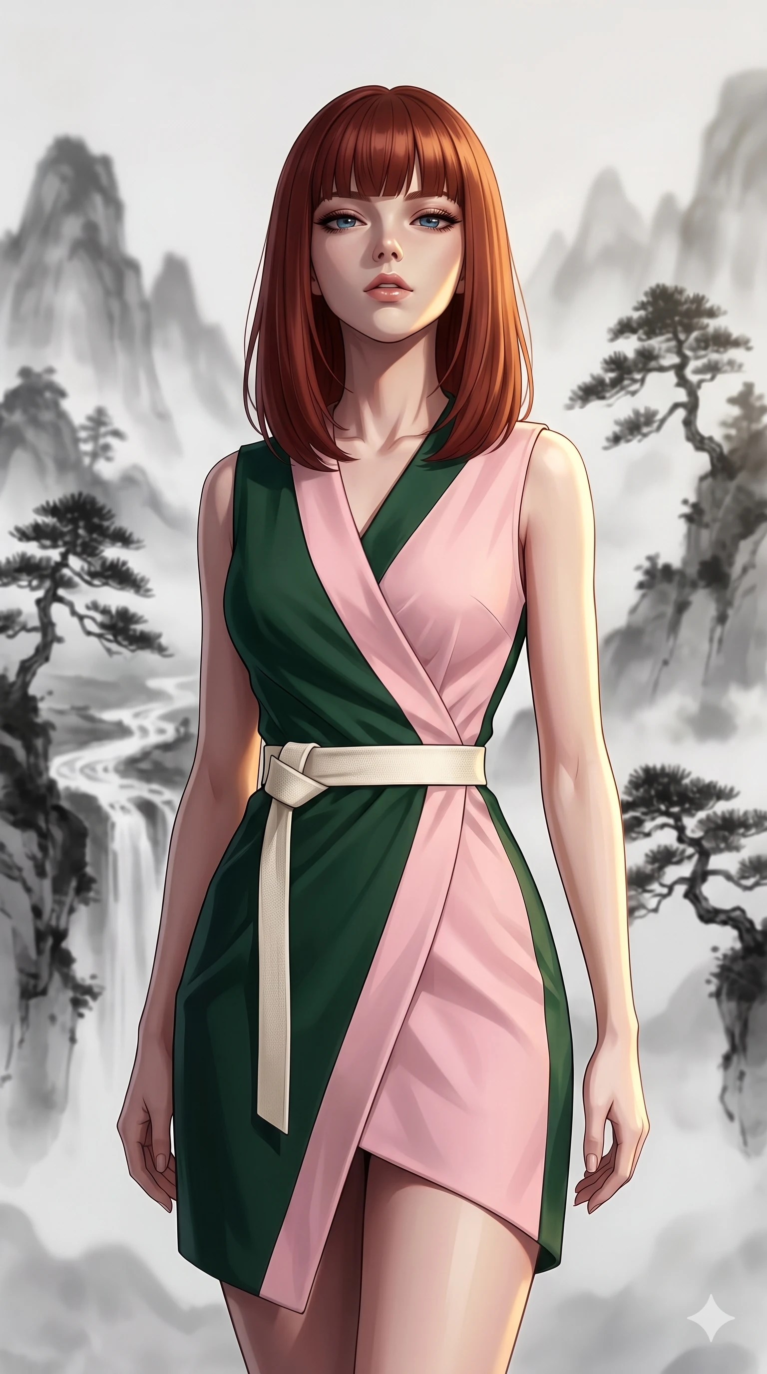 score_9, masterpiece, best quality, ultra-detailed, high-budget anime keyframe, editorial fashion photography, tasteful artistic composition, Caucasian woman, strictly human ears. close-up cowboy shot from the waist and thighs up, the character dominates the composition, filling the frame with her large presence, background elements kept in soft focus. Tilting her chin up slightly with lips parted in a composed expression. set against a soft-focus background of suspended inside a three-dimensional Chinese ink wash painting where misty monochrome mountains streams and pine trees float in mid-air rendered in translucent gradations of black ink. She has an exceptionally elegant and slender, willowy female figure with an ultra-slim waist, a gracefully sculpted slender torso, and a refined slim physique. sharp v-shaped jawline, high-bridge nose, intricate jewel-like eyes with depth, thick eyelashes, glossy lips with a natural sheen. wearing a modern asymmetric wrap dress featuring color-blocked panels of forest green and pastel pink, with a structured ivory fabric belt. dramatic chiaroscuro with a single golden key light sculpting her silhouette. 2k, ultra detail, master piece, 9:16 ratio