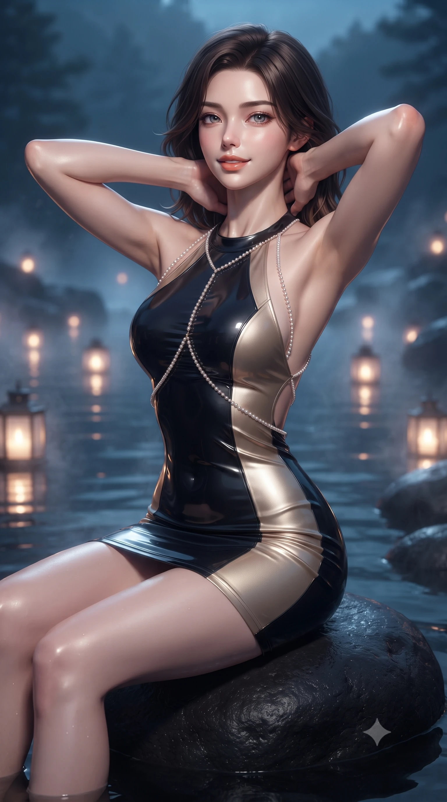 score_9, masterpiece, best quality, ultra-detailed, high-budget anime keyframe, editorial fashion photography, tasteful artistic composition, Korean woman. close-up cowboy shot from the waist and thighs up, the character dominates the composition, filling the frame with her large presence. resting both hands lightly behind her neck with elbows raised, arching her spine to highlight her narrow waist, flat midriff, and breathtaking collarbones while sitting on a smooth black volcanic basalt boulder at the water's edge, arching her back with breathtaking elemental siren grace. The background shows a soft-focus submerged lantern glows softened in mystical high-latitude shallow focus. She has an exceptionally elegant, slender, and willowy female figure with an ultra-slim waist, flat toned midriff, narrow ribcage, and sculpted feminine hips creating an alluring, slim hourglass silhouette without bulk. sharp v-shaped jawline, high-bridge nose, sparkling eyes with hypnotic seductive depth, thick curled eyelashes, glossy parted lips with a natural dewy peach sheen, alluring bedroom-eyes with an enchanting coquettish smile, exuding magnetic siren charisma and sophisticated glamour, flawlessly proportioned anatomical accuracy, strict slender model proportions, natural body alignment, perfectly sculpted long slender limbs, ultra-slim waistline, clean dynamic posture without body distortion. wearing a slinky backless halterneck column mini dress in shimmering liquid vinyl clinging like a second skin in midnight obsidian black and liquid champagne gold, tailored from fine structural neoprene with crisp architectural edges and smooth contouring, accented with a pearl-drop body harness subtly framing her dewy collarbones and spine, the precision-cut side openings and low-back scoop framing her graceful spine and the sensual sweep of her slim, toned hips. illuminated by steam particle light scatter and sharp icy-platinum rim lights defining her razor-sharp jawline, narrow waist, and curvy hips. ultra-reflective glossy finish, specular highlights, rich textural contrasts, high-contrast stereoscopic depth, volumetric dynamic lighting, 2k, ultra detail, master piece, 9:16 ratio