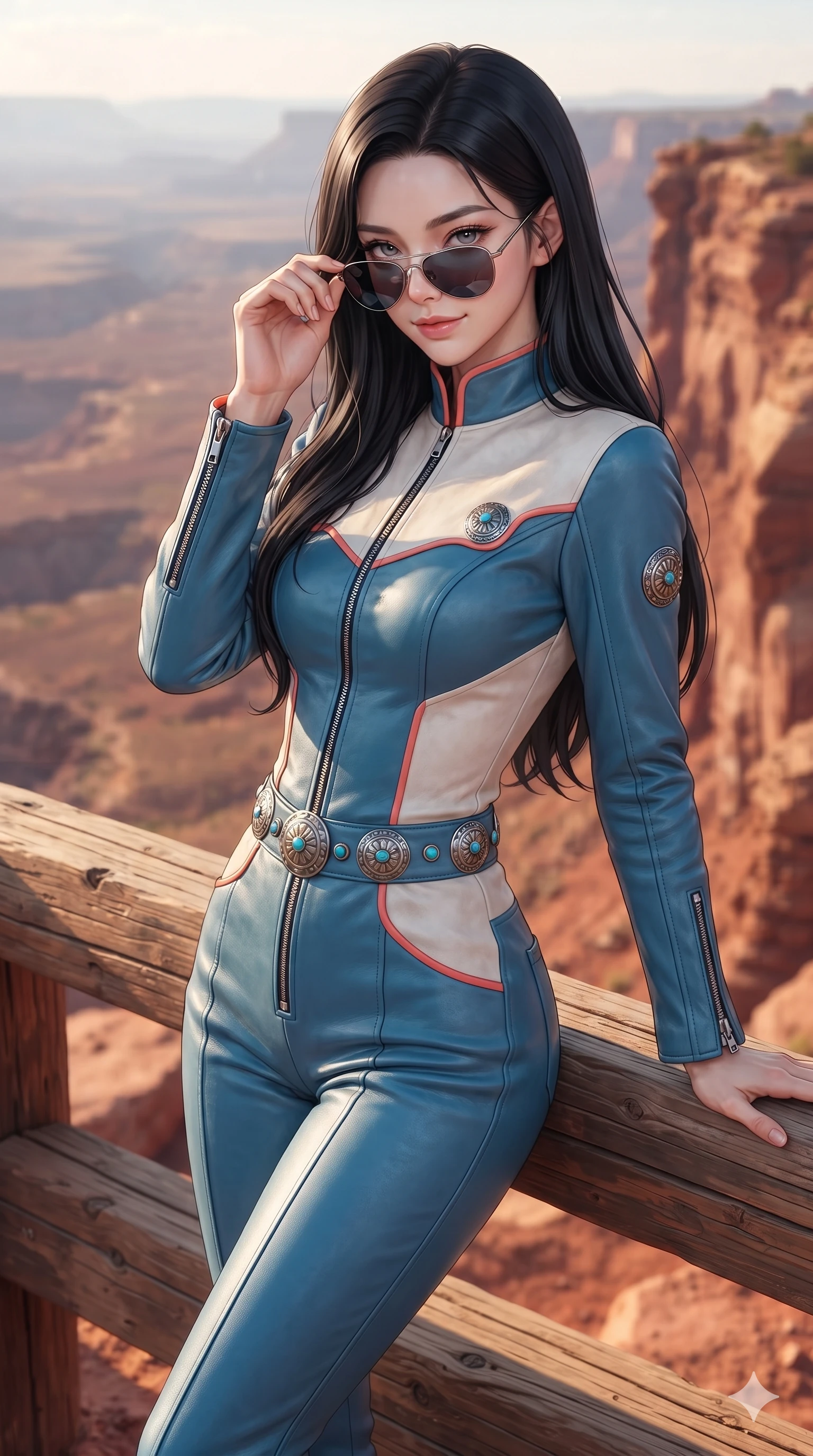score_9, masterpiece, best quality, ultra-detailed, high-budget anime keyframe, editorial fashion photography, tasteful artistic composition, Korean woman. close-up cowboy shot from the waist and thighs up, the character dominates the composition, filling the frame with her large presence. leaning against the timber guardrail with hips cocked back, looking through dark sunglasses with an alluring, confident half-smile while standing poised on the red sandstone turnout edge, arching her spine with ethereal siren poise as golden afternoon light defines her sculpted silhouette. The background shows a soft-focus desert cliff edge drops softened in breathtaking aerial landscape shallow focus. She has an exceptionally elegant, slender, and willowy female figure with an ultra-slim waist, flat toned midriff, narrow ribcage, and sculpted feminine hips creating an alluring, slim hourglass silhouette without bulk. sharp v-shaped jawline, high-bridge nose, sparkling eyes with hypnotic seductive depth, thick curled eyelashes, glossy parted lips with a natural dewy peach sheen, alluring bedroom-eyes with an enchanting coquettish smile, exuding magnetic siren charisma and sophisticated glamour, flawlessly proportioned anatomical accuracy, strict slender model proportions, natural body alignment, perfectly sculpted long slender limbs, ultra-slim waistline, clean dynamic posture without body distortion. wearing a second-skin stretch lambskin leather racer jumpsuit with high mandarin collar and sleek zipped sleeves in Mediterranean cerulean blue and optic white with coral trims, crafted from supple double-faced desert suede with an exceptionally soft matte finish, accented with authentic engraved silver concho medallions and turquoise cabochons, the impeccably tailored cut draping gracefully along her slender figure with aristocratic western poise. illuminated by red rock canyon bounce and sharp copper-gold rim lighting defining her jawline, flat midriff, and voluptuous hip curves. ultra-reflective glossy finish, specular highlights, rich textural contrasts, high-contrast stereoscopic depth, volumetric dynamic lighting, 2k, ultra detail, master piece, 9:16 ratio
