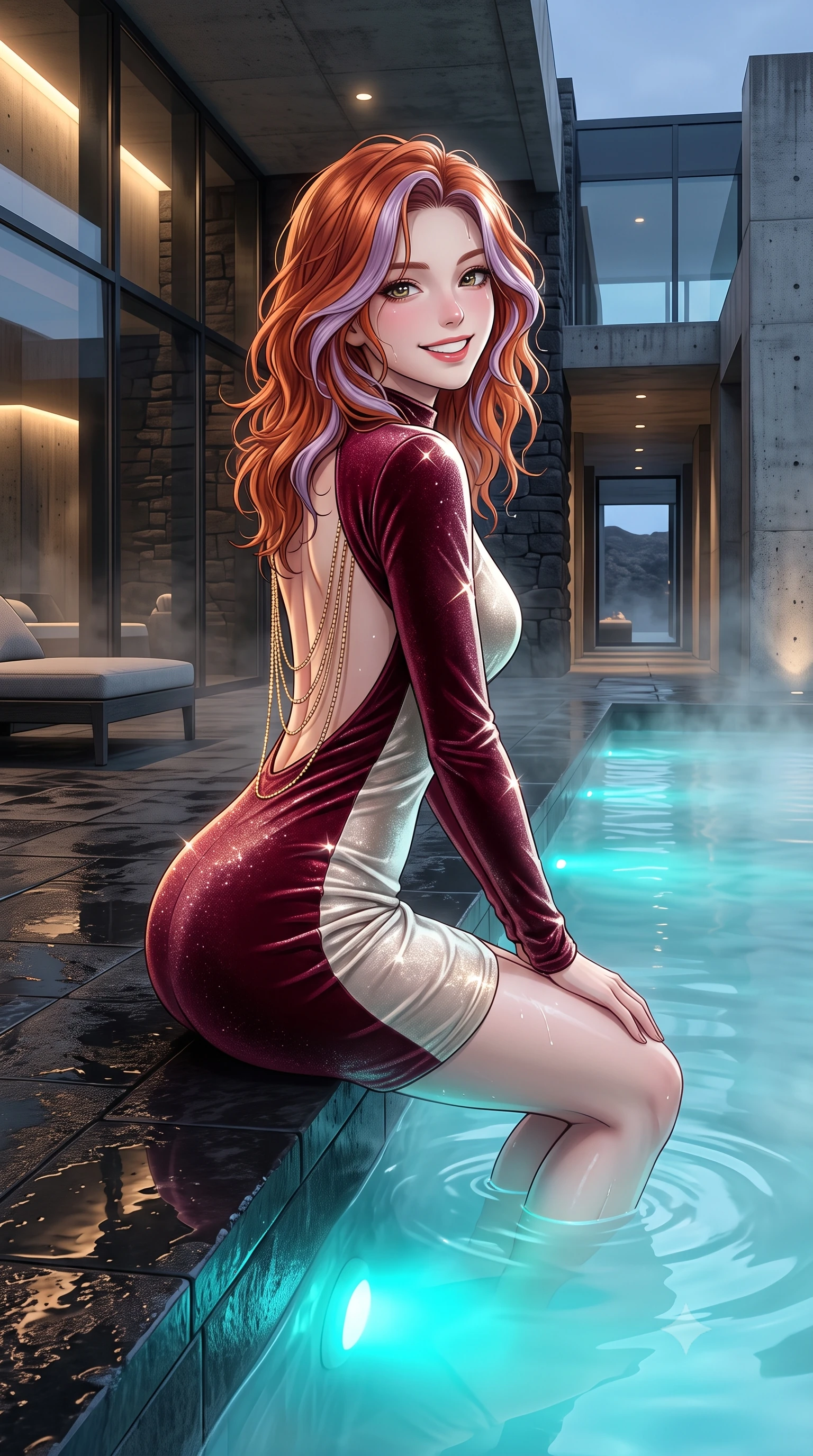 score_9, masterpiece, best quality, ultra-detailed, high-budget anime keyframe, editorial fashion photography, tasteful artistic composition, Caucasian woman. close-up cowboy shot from the waist and thighs up, the character dominates the composition, filling the frame with her large presence. perched sideways on the lounge seat, one knee drawn up to showcase her slender leg line while her arched back accentuates her feminine hip curve while standing poised on the heated black basalt terrace stepping directly into the steaming milky-cyan mineral waters, arching her spine with wet-look siren grace. The surrounding environment is rendered in vivid detail and crisp panoramic clarity: detailed garment lines, wet cling or sheer fit, and Icelandic volcanic architecture in razor-sharp precision. She has an exceptionally elegant, slender, and willowy female figure with an ultra-slim waist, flat toned midriff, narrow ribcage, and sculpted feminine hips creating an alluring, slim hourglass silhouette without bulk. sharp v-shaped jawline, high-bridge nose, intricate jewel-like sparkling eyes with depth, thick eyelashes, glossy parted lips with a natural peach sheen, bright cheerful beaming smile with an enchanting and coquettish sensual glint, exuding both youthful cute charm and seductive allure, flawlessly proportioned anatomical accuracy, strict slender model proportions, natural body alignment, perfectly sculpted long slender limbs, ultra-slim waistline, clean dynamic posture without body distortion. wearing a tailored velvet bodycon cocktail dress with long fitted sleeves and mock neck in Belvedere ivory pearl and Habsburg bordeaux wine, woven from stretch metallic lurex jersey casting radiant starlight glints across her curves, accented with an open-back drape framed by falling strands of delicate gold chains, the form-contouring silhouette accentuating her sculpted flat midriff, narrow delicate ribcage, and gracefully curvy hips with intoxicating allure. bathed in underwater pool turquoise-cyan LEDs combined with soft warm 2700K interior cove lighting through glass. ultra-reflective glossy finish, specular highlights, rich textural contrasts, high-contrast stereoscopic depth, volumetric dynamic lighting, 2k, ultra detail, master piece, 9:16 ratio