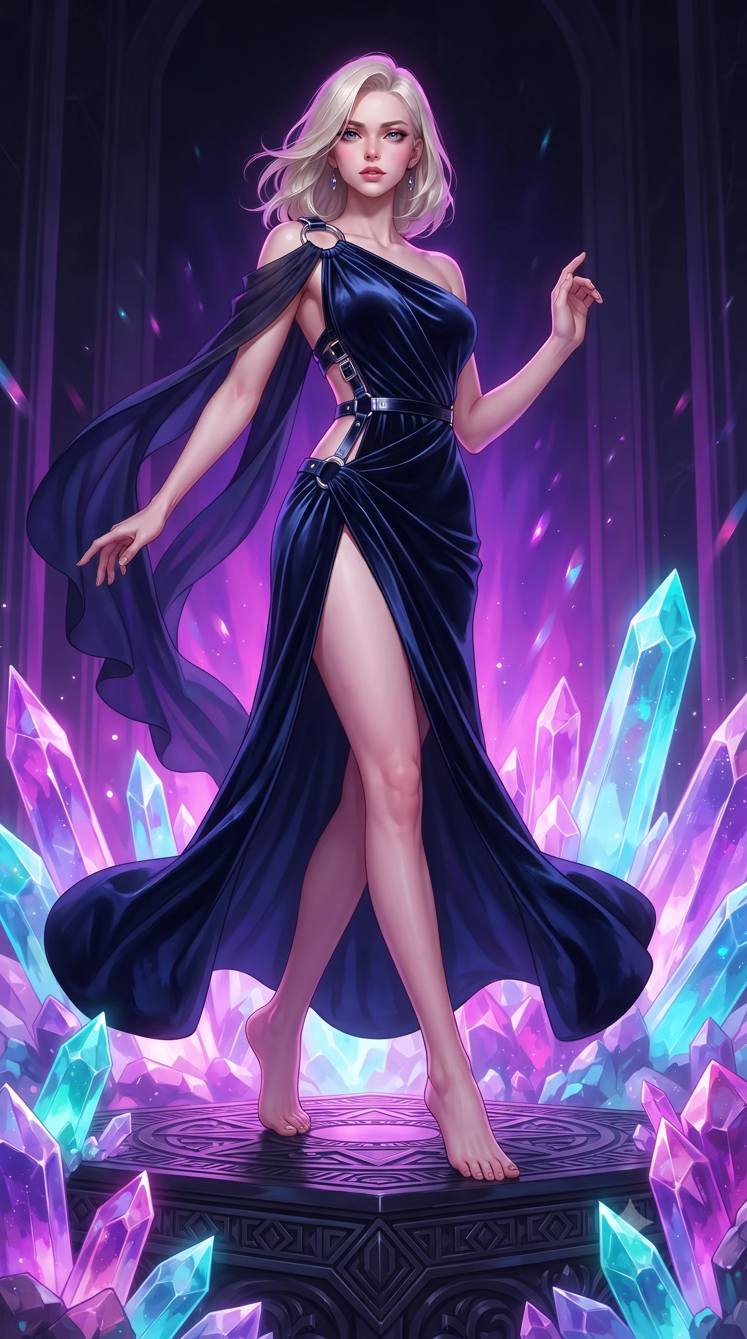 score_9, masterpiece, best quality, ultra-detailed, high-budget anime keyframe, editorial fashion photography, tasteful artistic composition, Caucasian woman. low angle full-body shot from head to toe showing her feet, filling the entire 9:16 vertical frame with her statuesque presence, stretching her vertical silhouette. forging dynamically through the scene, her vertical silhouette beautifully stretched resting on a carved obsidian altar surrounded by radiant crystal shards, sharp crystalline reflections creating an opulent, jewel-like ambience. She has an absolutely perfect, statuesque 8.5-heads proportion, an exceptionally tall and slender model-like female figure with impossibly long slender legs and an ultra-slim waist. sharp v-shaped jawline, high-bridge nose, intricate jewel-like eyes with depth, thick eyelashes, glossy lips with a natural sheen. wearing an asymmetrical Grecian draped chiffon gown with a metallic shoulder ring in midnight navy blue and chrome trim, made of premium stretch velvet with a rich sheen, detailed with polished silver buckles along the waistline, the elegant draped fit framing her graceful clavicle and slender torso. illuminated by radiant purple, magenta, and cyan crystal inner glow. highly saturated vibrant anime colors, detailed shading with soft gradients, rich glossy textures, high-contrast stereoscopic depth, volumetric dynamic lighting, master piece, 9:16 ratio