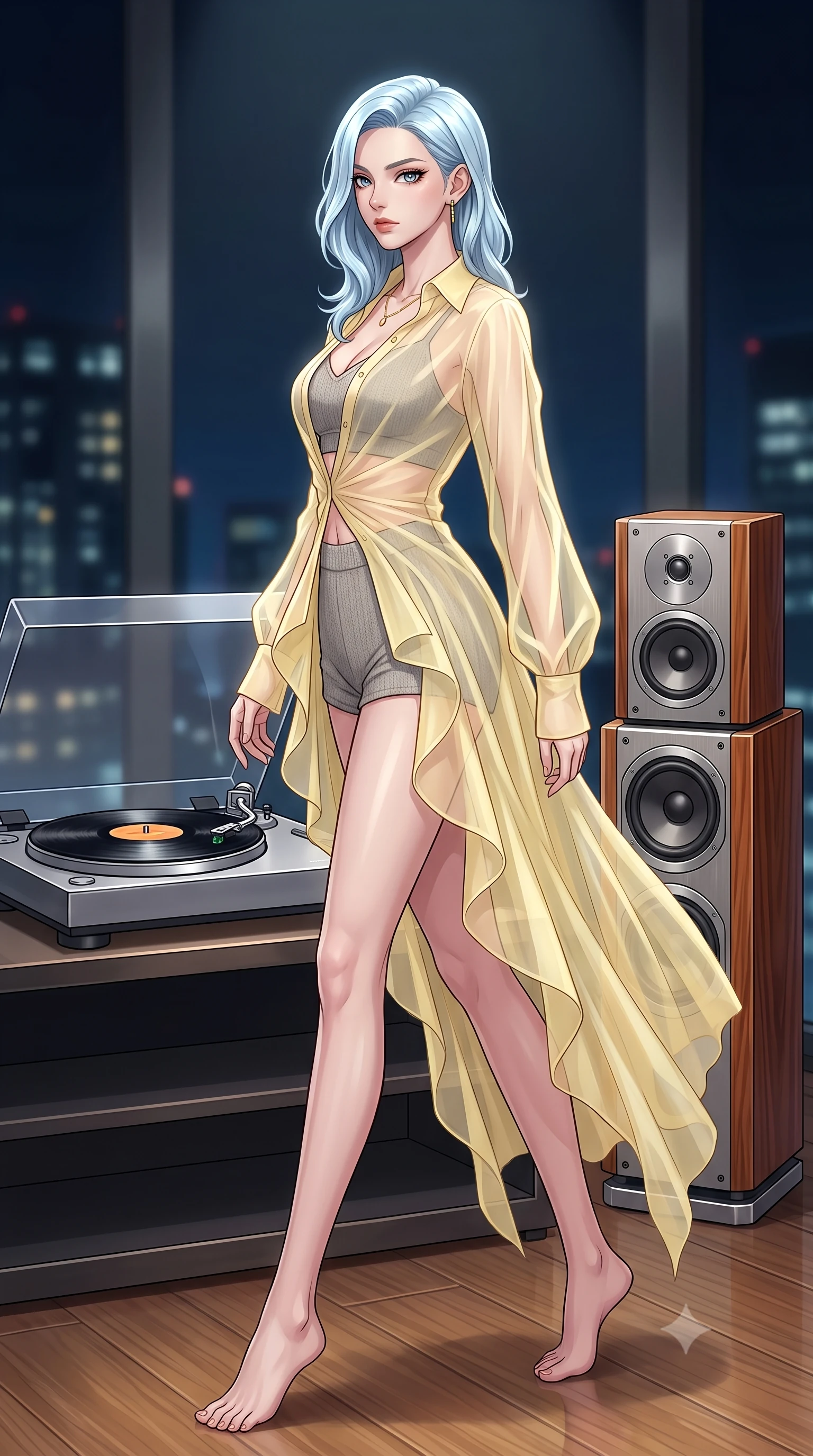 score_9, masterpiece, best quality, ultra-detailed, high-budget anime keyframe, tasteful artistic composition, Korean woman. low angle full-body shot from head to toe showing her feet, filling the entire 9:16 vertical frame with her statuesque presence, stretching her vertical silhouette. stepping gracefully while looking back over her shoulder, her dress draped tightly to reveal her silhouette the background shows a soft-focus a luxury penthouse lounge with a modern turntable and high-end audio speakers. She has an absolutely perfect, statuesque 8.5-heads proportion, an exceptionally tall and slender model-like female figure with impossibly long slender legs and an ultra-slim waist. sharp v-shaped jawline, high-bridge nose, intricate jewel-like eyes with depth, thick eyelashes, glossy lips with a natural sheen. wearing a slim-fit sheer organza shirt in pale yellow worn open over a knit crop top and micro-shorts. soft spotlighting highlighting the silk textures of her gown. highly saturated vibrant anime colors, cel-shading, 2d style, master piece, 9:16 ratio