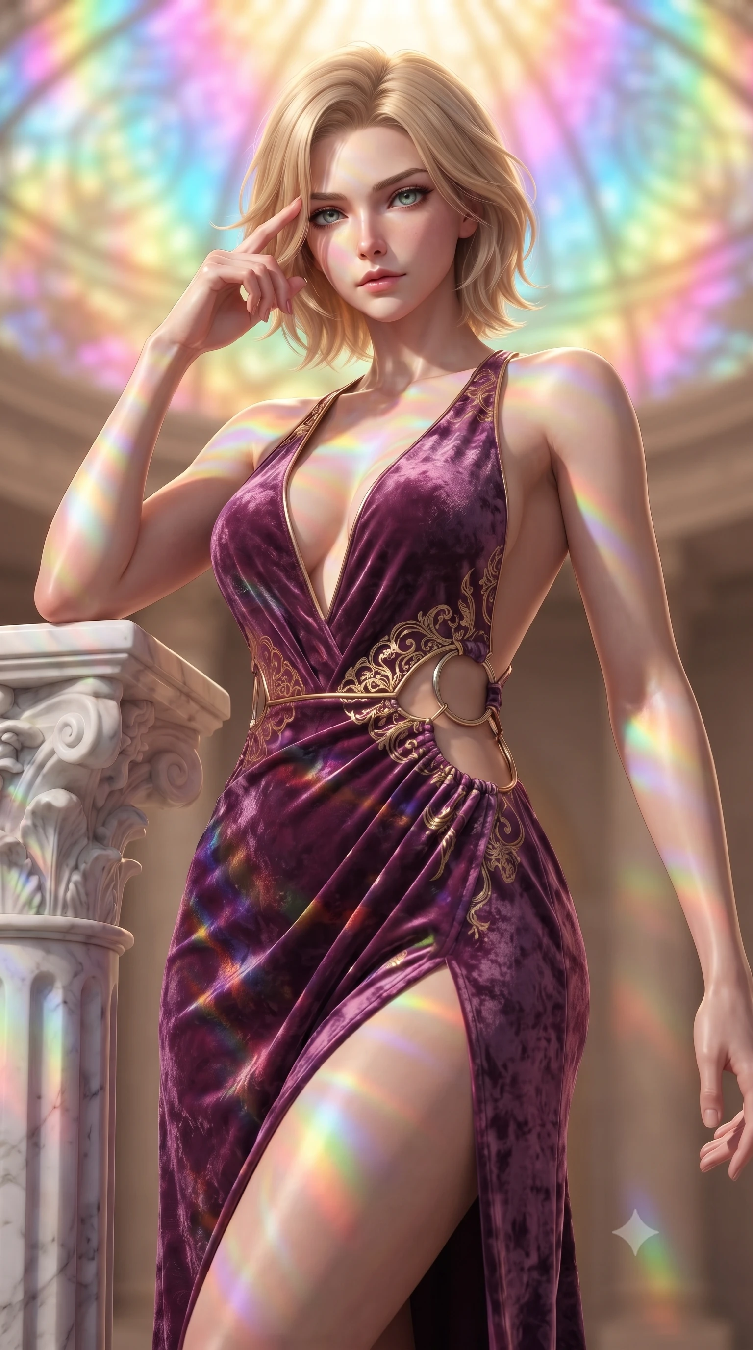 score_9, masterpiece, best quality, ultra-detailed, high-budget anime keyframe, editorial fashion photography, tasteful artistic composition, Caucasian woman. close-up cowboy shot from the waist and thighs up, the character dominates the composition, filling the frame with her large presence, background elements kept in soft focus. Pressing two fingers to her temple in a composed thoughtful gesture with an air of magnetic charisma resting against a sculpted white marble pillar under a rainbow dome, vibrant rainbow light patterns projected across her skin and costume. She has an exceptionally elegant, slender, and willowy female figure with an ultra-slim waist, a gracefully sculpted slender torso, and a refined silhouette. sharp v-shaped jawline, high-bridge nose, intricate jewel-like eyes with depth, thick eyelashes, glossy lips with a natural sheen. wearing a backless crushed velvet gown with a deep V-neckline and high thigh slit in plum purple and gold filigree, formed from sleek second-skin neoprene, accented with delicate chrome ring hardware framing her waist, the elegant draped fit framing her graceful clavicle and slender torso. illuminated by a warm golden key light and brilliant multi-color rim light. ultra-reflective glossy finish, specular highlights, metallic sheen, high-contrast stereoscopic depth, volumetric dynamic lighting, 2k, ultra detail, master piece, 9:16 ratio