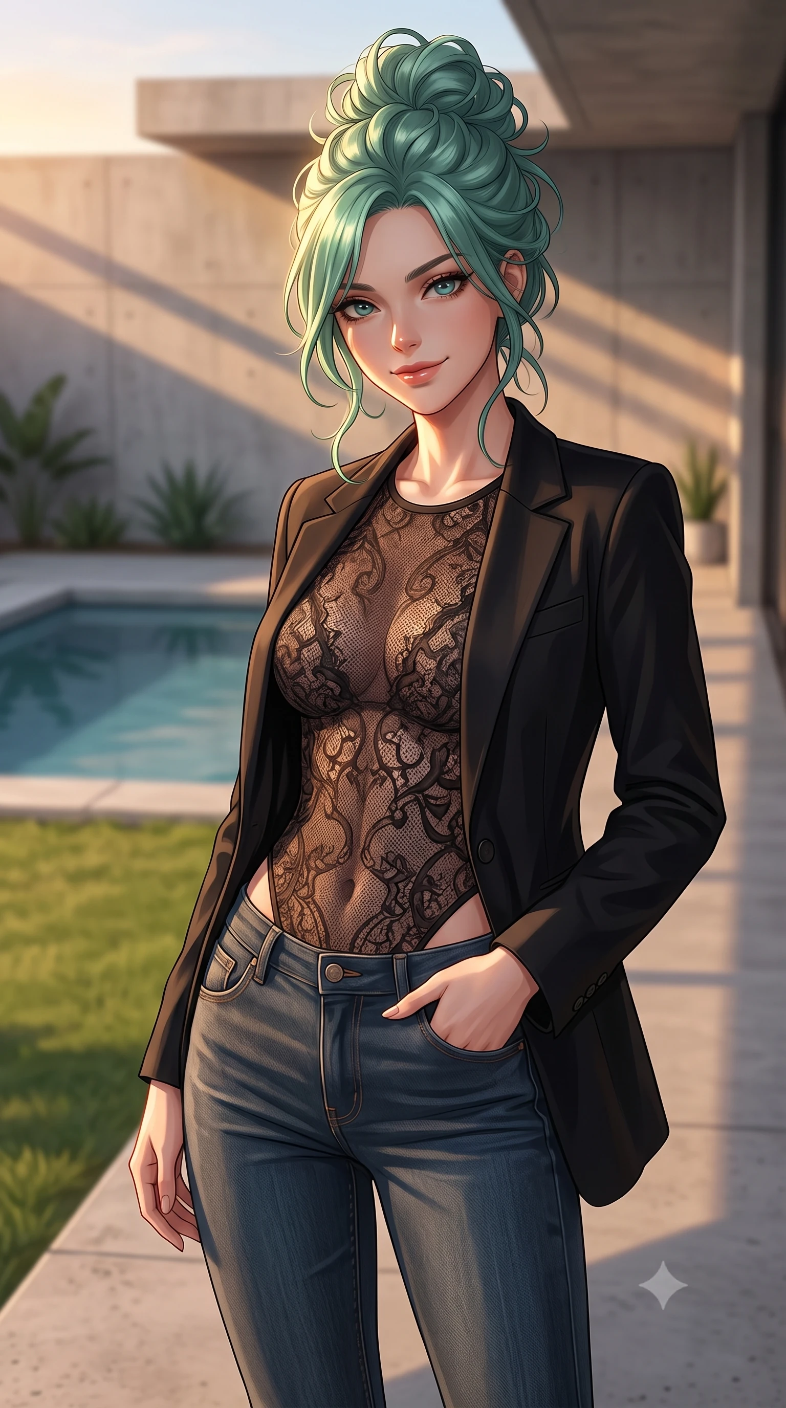 score_9, masterpiece, best quality, ultra-detailed, high-budget anime keyframe, editorial fashion photography, tasteful artistic composition, Japanese woman woman. close-up cowboy shot from the waist and thighs up, the character dominates the composition, filling the frame with her large presence, background elements kept in soft focus. tilting her head slightly with a gentle, friendly smile under the warm sun the background shows a soft-focus a concrete deck of a minimalist luxury villa, with a private pool and green lawn. She has an exceptionally elegant, slender, and willowy female figure with an ultra-slim waist, a gracefully sculpted slender torso, and a refined silhouette. sharp v-shaped jawline, high-bridge nose, intricate jewel-like eyes with depth, thick eyelashes, glossy lips with a natural sheen. wearing a body-hugging semi-opaque dark lace bodysuit worn under a tailored open blazer and jeans. warm sunset light casting long clean shadow lines from the villa's architecture. 2k, ultra detail, master piece, 9:16 ratio