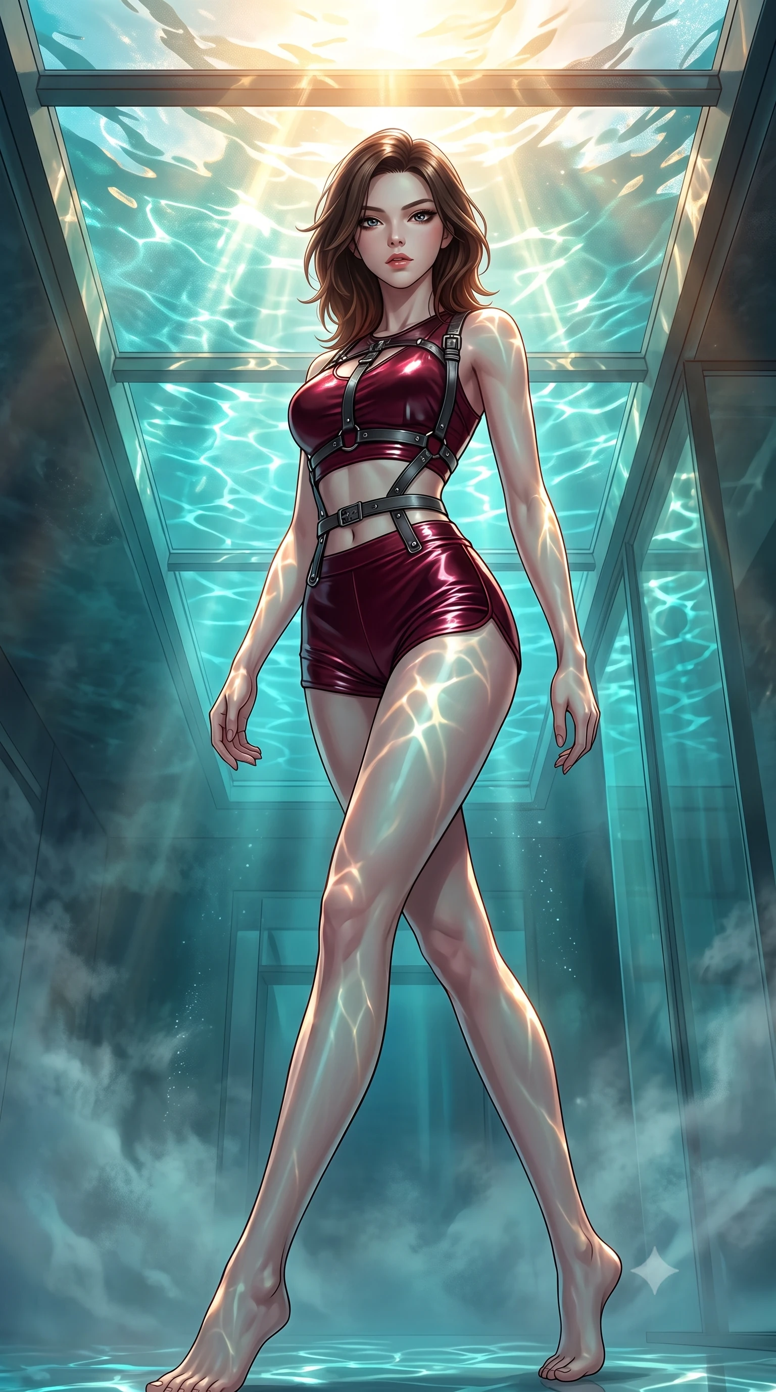 score_9, masterpiece, best quality, ultra-detailed, high-budget anime keyframe, editorial fashion photography, tasteful artistic composition, Korean woman. low angle full-body shot from head to toe showing her feet, filling the entire 9:16 vertical frame with her statuesque presence, stretching her vertical silhouette. forging confidently through the floating mist, holding a poised statuesque stance, poised beneath a glass ceiling as golden sunlight dances through turquoise water, shimmering caustic light ripples dancing dynamically across her body and gown. She has an absolutely perfect, statuesque 8.5-heads proportion, an exceptionally tall and slender model-like female figure with impossibly long slender legs and an ultra-slim waist. sharp v-shaped jawline, high-bridge nose, intricate jewel-like eyes with depth, thick eyelashes, glossy lips with a natural sheen. wearing high-cut micro-shorts and crop top set with dark leather harness in deep crimson burgundy, made of liquid dark mercury jersey, highlighted by a gunmetal metallic harness structure, following her slender form with tailored precision. bathed in shimmering aqua reflections and warm top sunlight. highly saturated vibrant anime colors, detailed shading with soft gradients, rich glossy textures, high-contrast stereoscopic depth, volumetric dynamic lighting, master piece, 9:16 ratio