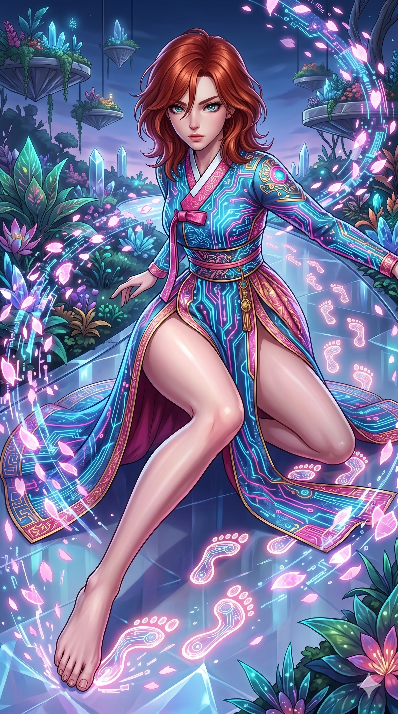 score_9, masterpiece, best quality, ultra-detailed, Set A: High-budget Anime Keyframe, Korean woman. Upper body close-up from the thighs up, character filling the screen for maximum presence. Sliding through a floating botanical garden, as she leaves a trail of 18 glowing footprints and surrounded by digital sakura petals. She has an absolutely perfect 8-heads proportion, an exceptionally tall and slender female figure with impossibly long slender legs and an ultra-slim waist. Sharp v-shaped jawline, high-bridge nose, intricate jewel-like eyes with depth, thick eyelashes, glossy lips with a natural sheen. Wearing Ornate traditional silk gown with futuristic glowing patterns and a massive high slit. Cinematic lighting, vibrant colors, dramatic shadows, 2k, ultra detail, master piece, 9:16 ratio