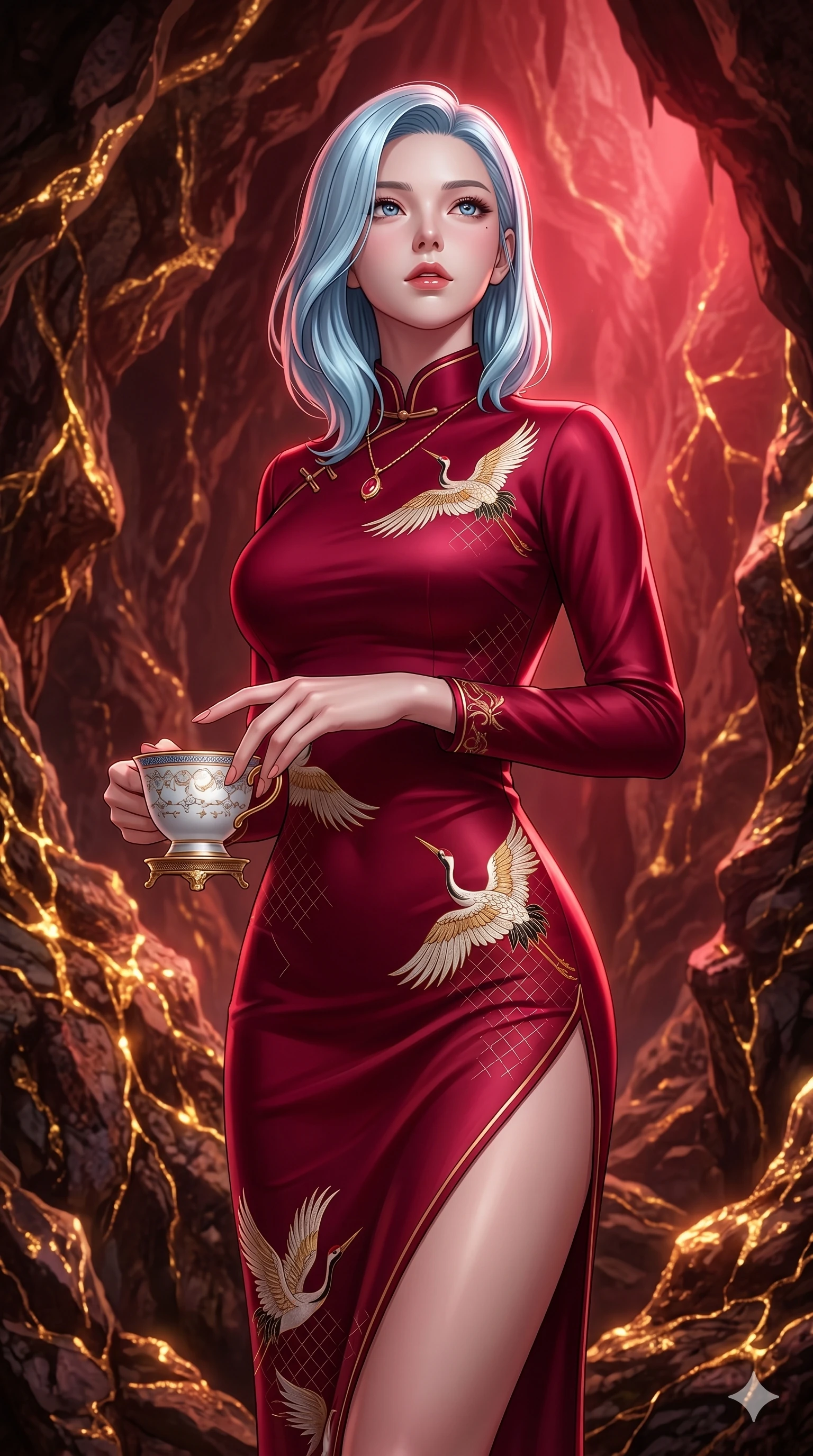 score_9, masterpiece, best quality, ultra-detailed, high-budget anime keyframe, editorial fashion photography, tasteful artistic composition, Korean woman. cowboy shot from the thighs up, character and outfit filling the frame for maximum editorial presence. resting her fingers on a porcelain tea cup, looking up with a gentle, curious gaze in a secret cavern filled with glowing golden mineral veins (Code-P17-038). She has an absolutely perfect 8-heads proportion, an exceptionally tall and slender female figure with impossibly long slender legs and an ultra-slim waist. V-shaped jawline, high-bridge nose, intricate jewel-like eyes with depth, thick eyelashes, glossy lips with a natural sheen. wearing a high-neck silk cheongsam with long sleeves and elegant crane prints. dramatic crimson theatrical sunset light, casting sharp highlights on every curve. 2k, ultra detail, master piece, 9:16 ratio