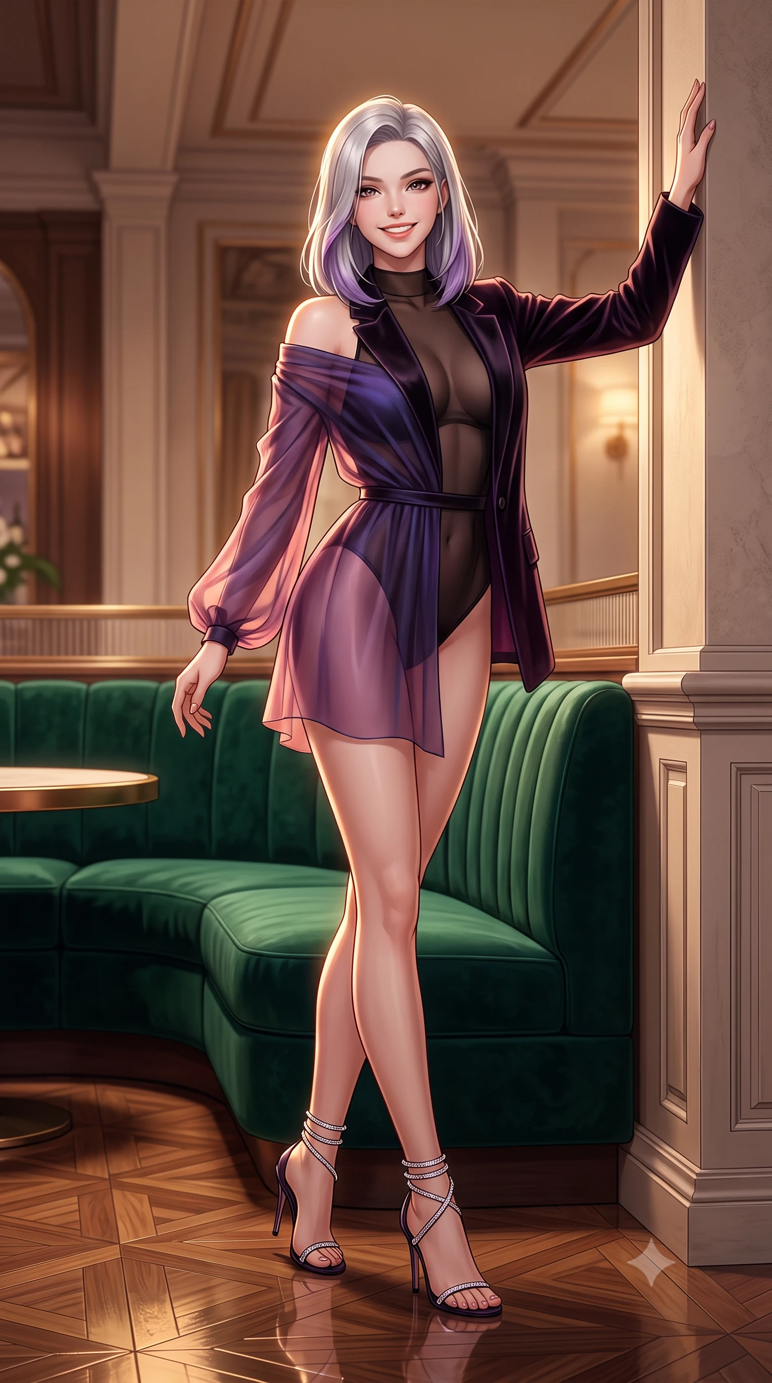 score_9, masterpiece, best quality, ultra-detailed, high-budget anime keyframe, semi-realistic 3D game render, editorial fashion photography, tasteful artistic composition, Caucasian woman. low angle full-body shot from head to toe showing her feet, filling the entire 9:16 vertical frame with her statuesque presence, stretching her vertical silhouette. standing tall beside the architectural column, one hand resting high while arching her lower back to emphasize her sculpted feminine hips and slender waist while reclining gracefully across the deep emerald velvet curved banquette propped on one elbow, displaying her long slender limbs and statuesque hourglass silhouette. The surrounding environment is rendered in vivid detail and crisp panoramic clarity: detailed tailored liquid velvet smoking blazer unbuttoned over sheer noir mesh underwire bodysuit, and master joinery in razor-sharp precision. She has an exceptionally tall and slender model-like 8.5-heads proportion, an ultra-slim waist, a flat toned midriff, narrow delicate ribcage, and beautifully sculpted feminine hips creating a graceful, slim hourglass silhouette without any bulky heaviness, with impossibly long slender legs. sharp v-shaped jawline, high-bridge nose, intricate jewel-like sparkling eyes with depth, thick eyelashes, glossy parted lips with a natural peach sheen, bright cheerful beaming smile with an enchanting and coquettish sensual glint, exuding both youthful cute charm and seductive allure, flawlessly proportioned anatomical accuracy, strict slender model proportions, natural body alignment, perfectly sculpted long slender limbs, ultra-slim waistline, clean dynamic posture without body distortion. wearing an alluring semi-sheer silk chiffon boudoir peignoir slipping off bare shoulders with delicate jade button accents in orbital nebula violet and luminescent rose gold, crafted from fluid liquid silk satin that clings smoothly to her narrow waist and rounded hips with a dewy sheen, complemented by strappy stiletto sandals with crystal ankle wraps accentuating her slender calves, the second-skin tailored fabric adhering flawlessly to her sculpted flat midriff and slender torso, emphasizing her long leg lines and perfectly proportioned willowy build. illuminated by polished parquet reflection bounce and sharp champagne-gold rim lights defining her dewy collarbones, ultra-slim waist, and curvy hips. highly saturated vibrant anime colors, detailed shading with soft gradients, rich glossy textures, high-contrast stereoscopic depth, volumetric dynamic lighting, master piece, 9:16 ratio