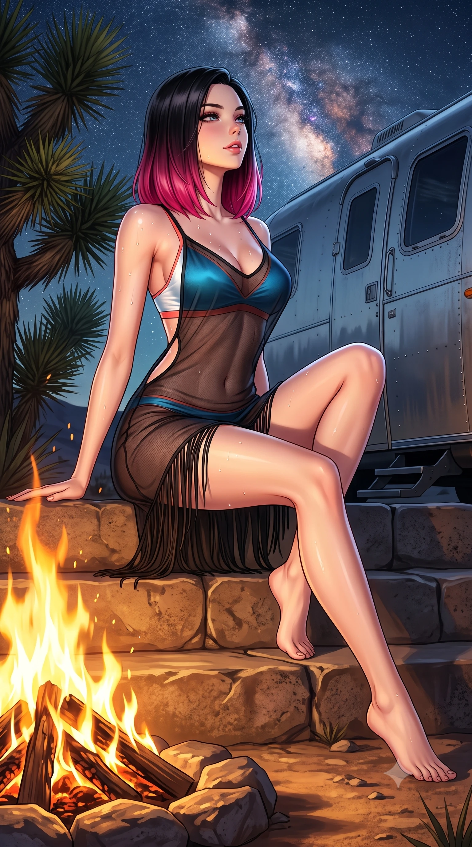 score_9, masterpiece, best quality, ultra-detailed, high-budget anime keyframe, semi-realistic 3D game render, editorial fashion photography, tasteful artistic composition, Korean woman. low angle full-body shot from head to toe showing her feet, filling the entire 9:16 vertical frame with her statuesque presence, stretching her vertical silhouette. sitting poised on the stone steps with one knee bent, arching her spine with supermodel elegance as she glances upward through thick eyelashes while standing beside the crackling campfire in the open desert, arching her spine with seductive bohemian grace under the Milky Way. The surrounding environment is rendered in vivid detail and crisp panoramic clarity: sharp crackling mesquite wood coals, aluminum trailer rivet seams, and spiky Joshua tree leaves in deep focus. She has an absolutely perfect, statuesque 8.5-heads proportion, an exceptionally tall and slender model-like female figure with impossibly long slender legs, an ultra-slim waist, a flat toned midriff, narrow delicate ribcage, and beautifully sculpted feminine hips creating a graceful, slim hourglass silhouette without any bulky heaviness. sharp v-shaped jawline, high-bridge nose, sparkling eyes with hypnotic seductive depth, thick curled eyelashes, glossy parted lips with a natural dewy peach sheen, alluring bedroom-eyes with an enchanting coquettish smile, exuding magnetic siren charisma and sophisticated glamour, flawlessly proportioned anatomical accuracy, strict slender model proportions, natural body alignment, perfectly sculpted long slender limbs, ultra-slim waistline, clean dynamic posture without body distortion. wearing a sheer black gauze fringe slip dress worn over a liquid satin undergarment, hugging her flat midriff and hips in Mediterranean cerulean blue and optic white with coral trims, made of semi-opaque stretch illusion mesh with soft shadowy contours, finished with glistening drops of seawater beading across her sculpted shoulders and flat midriff, the precision-cut side openings and low-back scoop framing her graceful spine and the sensual sweep of her slim, toned hips. illuminated by aluminum trailer reflection bounce and sharp amber-gold rim lighting sculpting her jawline, flat midriff, and voluptuous hip curves. highly saturated vibrant anime colors, detailed shading with soft gradients, rich glossy textures, high-contrast stereoscopic depth, volumetric dynamic lighting, master piece, 9:16 ratio
