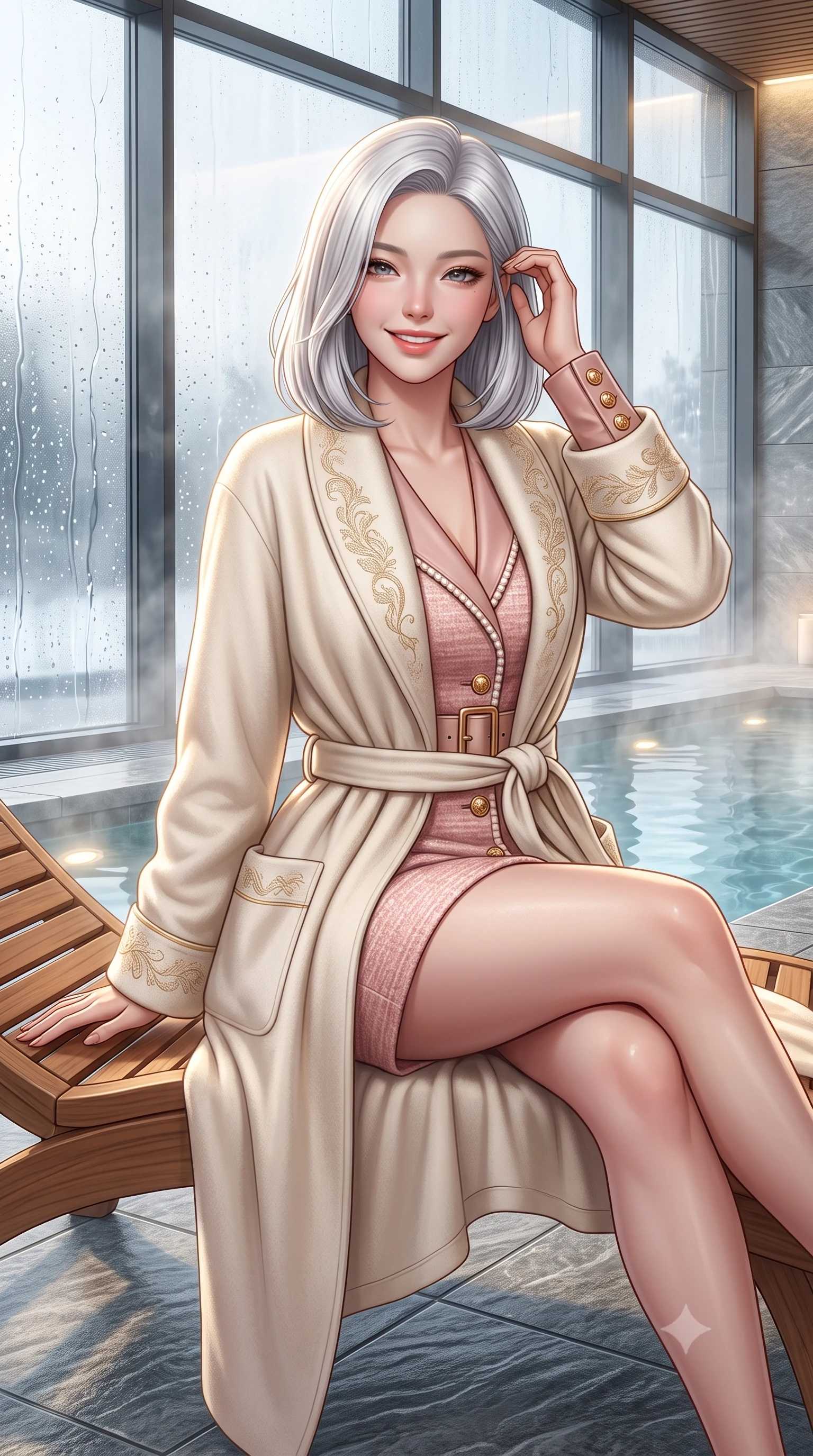 score_9, masterpiece, best quality, ultra-detailed, high-budget anime keyframe, semi-realistic 3D game render, editorial fashion photography, tasteful artistic composition, Korean woman. close-up cowboy shot from the waist and thighs up, the character dominates the composition, filling the frame with her large presence. twisting her slender torso in an alluring contrapposto stance, one hand toying with her hair while her gaze radiates magnetic charm while sitting gracefully on an ergonomic teak chaise lounge beside the thermal relaxation pool, wrapped in a plush cashmere robe coat with quiet luxury. The surrounding environment is rendered in vivid detail and crisp panoramic clarity: sharp thermal glass mullion seams, water droplet rivulets on exterior panes, and textured grey Vals quartzite stone tiles in deep focus. She has an exceptionally elegant, slender, and willowy female figure with an ultra-slim waist, flat toned midriff, narrow ribcage, and sculpted feminine hips creating an alluring, slim hourglass silhouette without bulk. sharp v-shaped jawline, high-bridge nose, intricate jewel-like sparkling eyes with depth, thick eyelashes, glossy parted lips with a natural peach sheen, bright cheerful beaming smile with an enchanting and coquettish sensual glint, exuding both youthful cute charm and seductive allure, flawlessly proportioned anatomical accuracy, strict slender model proportions, natural body alignment, perfectly sculpted long slender limbs, ultra-slim waistline, clean dynamic posture without body distortion. wearing a liquid-tight double-breasted tailored trench dress cinched firmly with a leather buckle belt to accentuate her hourglass curves in Parisian pastel rose bouclé and cream pearl, crafted from buttery-soft stretch lambskin leather adhering to her body like a second skin, accented with delicate gold button studs trailing down the snug sleeve cuffs, the second-skin tailored fabric adhering flawlessly to her sculpted flat midriff and slender torso, emphasizing her long leg lines and perfectly proportioned willowy build. bathed in calm diffused winter daylight filtering through steamy glass panes combined with warm 2800K recessed floor lights. highly saturated vibrant anime colors, detailed shading with soft gradients, rich glossy textures, high-contrast stereoscopic depth, volumetric dynamic lighting, master piece, 9:16 ratio