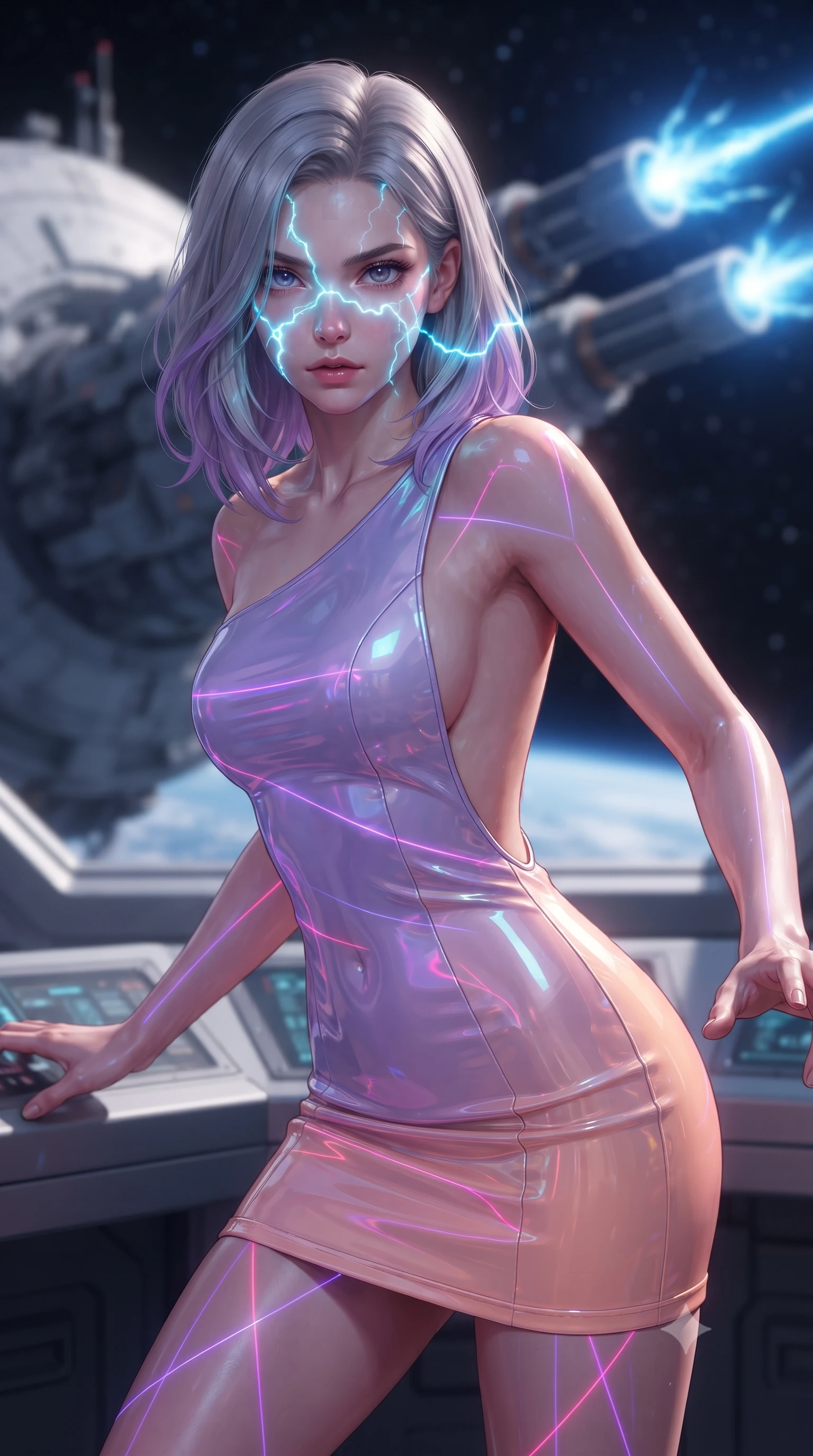 score_9, masterpiece, best quality, ultra-detailed, high-budget anime keyframe, editorial fashion photography, tasteful artistic composition, realistic cosplay photography, Caucasian woman, strictly human ears. close-up cowboy shot from the waist and thighs up, the character dominates the composition, filling the frame with her large presence, background elements kept in soft focus. Overloading the reactor core, her face illuminated by the bright cyan electrical energy arcing around her. set against a soft-focus background of beside a massive twin-barrel plasma cannon on the surface of a space station, firing bright blue bolts into space. She has an exceptionally elegant and slender, willowy female figure with an ultra-slim waist, a gracefully sculpted slender torso, and a refined slim physique. sharp v-shaped jawline, high-bridge nose, intricate jewel-like eyes with depth, thick eyelashes, glossy lips with a natural sheen. wearing tailored for maximum mobility, sleek form-contouring panels that allow fluid movement, a form-contouring one-shoulder mini dress in a holographic lavender-to-peach colorway, with a dramatically scooped open back. laser lines of violet and hot pink reflecting off surfaces casting geometric neon highlights. ultra-reflective glossy finish, specular highlights, metallic sheen, high-contrast stereoscopic depth, volumetric dynamic lighting, 2k, ultra detail, master piece, 9:16 ratio
