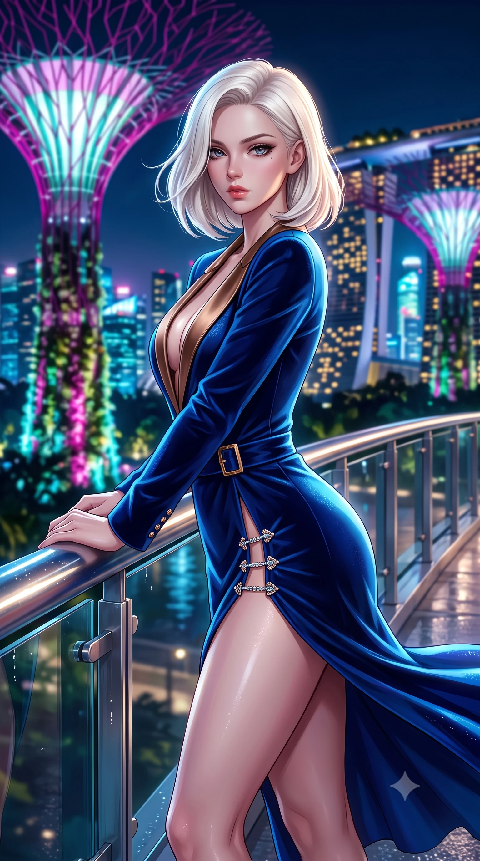score_9, masterpiece, best quality, ultra-detailed, high-budget anime keyframe, semi-realistic 3D game render, editorial fashion photography, tasteful artistic composition, Caucasian woman. close-up cowboy shot from the waist and thighs up, the character dominates the composition, filling the frame with her large presence. leaning forward against the polished railing with her hips cocked back, creating an intoxicating curve from her narrow waist to sculpted hips as she gazes back into the lens while executing an elegant mid-motion turn as night winds whip her high-slit dress, her statuesque vertical presence dominating the futuristic panorama. The composition keeps background elements in soft focus with creamy bokeh. giant illuminated supertree bio-domes and Marina Bay Sands towers blurred into electric magenta, turquoise, and gold bokeh. She has an exceptionally elegant, slender, and willowy female figure with an ultra-slim waist, flat toned midriff, narrow ribcage, and sculpted feminine hips creating an alluring, slim hourglass silhouette without bulk. sharp v-shaped jawline, high-bridge nose, intricate jewel-like eyes with depth, thick eyelashes, glossy parted lips with a natural sheen, intensely captivating and seductive bedroom-eyes expression, flawlessly proportioned anatomical accuracy, strict slender model proportions, natural body alignment, perfectly sculpted long slender limbs, ultra-slim waistline, clean dynamic posture without body distortion. wearing a tailored velvet tuxedo jacket dress with satin lapels, worn with a deep plunge neckline and gold hip buckle in royal sapphire blue and liquid bronze, tailored from ultra-smooth duchess satin with a pearlescent sheen, finished with an ultra-high side slit secured by miniature jeweled clasps, the glove-like aerodynamic silhouette tightly following the natural contour of her hips and long slender legs with statuesque 8.5-heads elegance. illuminated by wet specular glass bounce lights sculpting her toned waistline, slender spine, and feminine hips. highly saturated vibrant anime colors, detailed shading with soft gradients, rich glossy textures, high-contrast stereoscopic depth, volumetric dynamic lighting, master piece, 9:16 ratio