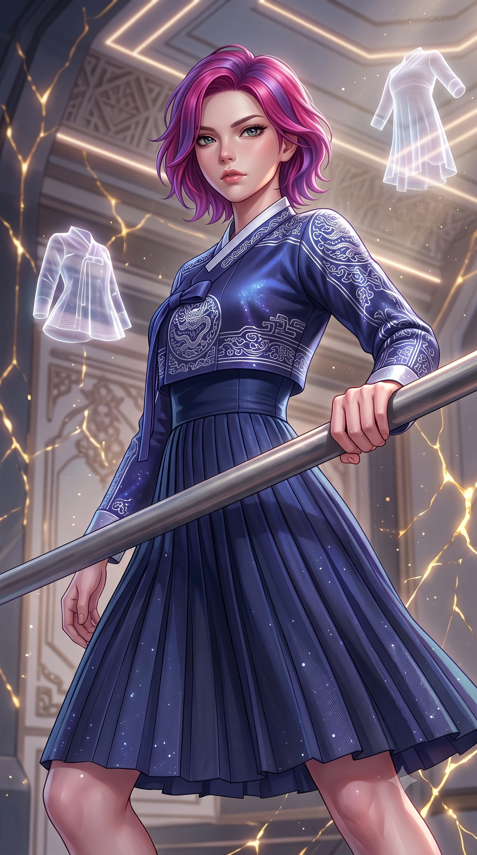 score_9, masterpiece, best quality, ultra-detailed, high-budget anime keyframe, editorial fashion photography, tasteful artistic composition, Caucasian woman, strictly human ears. close-up cowboy shot from the waist and thighs up, the character dominates the composition, filling the frame with her large presence, background elements kept in soft focus. Bracing against the hull decompression wind, her expression resolute and hand gripping a metal safety rail. set against a soft-focus background of a luxury design room with three-dimensional holographic fabric models floating in the air around the character. She has an exceptionally elegant and slender, willowy female figure with an ultra-slim waist, a gracefully sculpted slender torso, and a refined slim physique. sharp v-shaped jawline, high-bridge nose, intricate jewel-like eyes with depth, thick eyelashes, glossy lips with a natural sheen. wearing catching and diffusing the glowing particles, shimmering softly in response to the surrounding light, a tailored modernized cyber-hanbok featuring a dark indigo blue tech-silk jeogori with neon silver embroidery, over a high-waisted pleated navy midi skirt. highly saturated vibrant anime colors, intense vivid color palette, soft 3D volumetric shading, volumetric dynamic lighting, glowing kintsugi gold light radiating from cracks in the environment creating a majestic inner glow. 2k, ultra detail, master piece, 9:16 ratio