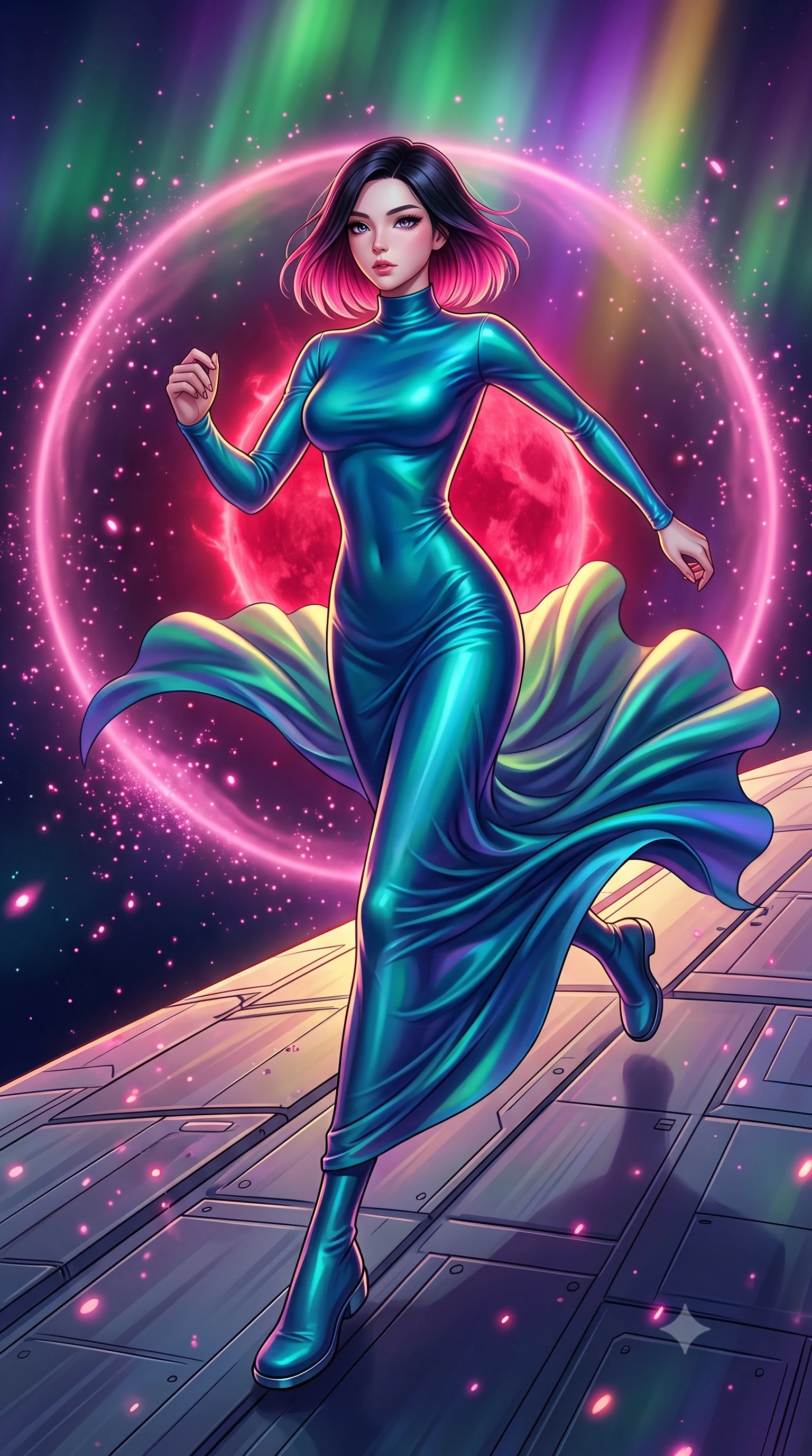 score_9, masterpiece, best quality, ultra-detailed, high-budget anime keyframe, editorial fashion photography, tasteful artistic composition, Korean woman. low angle full-body shot from head to toe showing her feet, filling the entire 9:16 vertical frame with her statuesque presence, stretching her vertical silhouette. running along the outer hull of a giant starship in zero gravity, magnetic boots clinging to floating inside a pink helium ring surrounding a dying star, gas particles glowing like neon dust. She has a statuesque 8.5-heads proportion, an exceptionally tall, slender and willowy model-like build with impossibly long legs and a highly sculpted ultra-slim waist. sharp v-shaped jawline, high-bridge nose, intricate jewel-like eyes with depth, thick eyelashes, glossy lips with a natural sheen. wearing the lightweight fabric rippling and billowing dramatically with her movement, a body-hugging figure-hugging mock-turtleneck gown in a shifting peacock-blue silk fabric, hugging her slender figure from neck to ankle. highly saturated vibrant anime colors, intense vivid color palette, soft 3D volumetric shading, volumetric dynamic lighting, illuminated by a shifting aurora palette of green violet and gold from above. 2k, ultra detail, master piece, 9:16 ratio