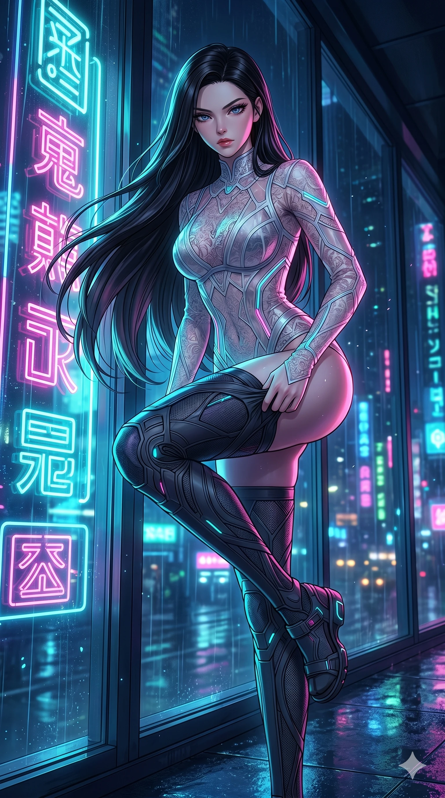 score_9, masterpiece, best quality, ultra-detailed, High-budget Anime Keyframe, East Asian woman. Low angle cowboy shot filling the entire 9:16 frame with her statuesque presence. Scenario 237: Adjusting her sculptural over-the-knee stocking by a glowing neon window. Her presence is magnetic and overpowering in this high-budget anime scene. Outfit 237: A delicate technical lace long with a artistic translucent overlays and tight-fitting silhouette. The clothing is designed to emphasize her exceptionally tall and slender 8-heads proportion. 8-heads proportion, towering silhouette, ultra-slim waist. sharp v-shaped jawline, intricate jewel-like eyes with depth, thick eyelashes, glossy lips. 2k, ultra detail, master piece, 9:16 ratio