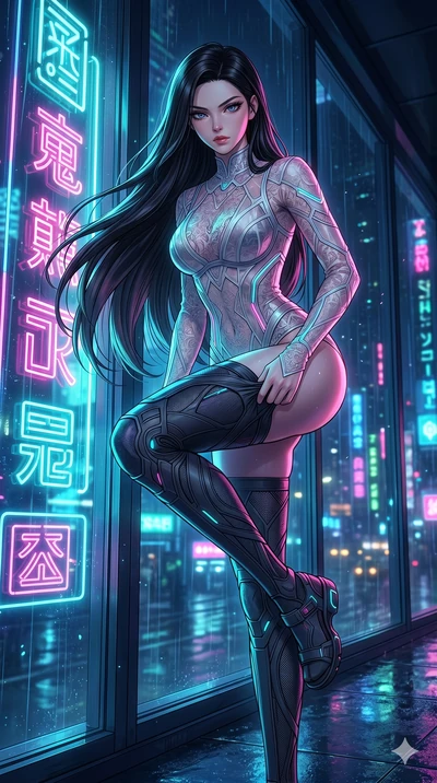 score_9, masterpiece, best quality, ultra-detailed, High-budget Anime Keyframe, East Asian woman. Low angle cowboy shot filling the entire 9:16 frame with her statuesque presence. Scenario 237: Adjusting her sculptural over-the-knee stocking by a glo