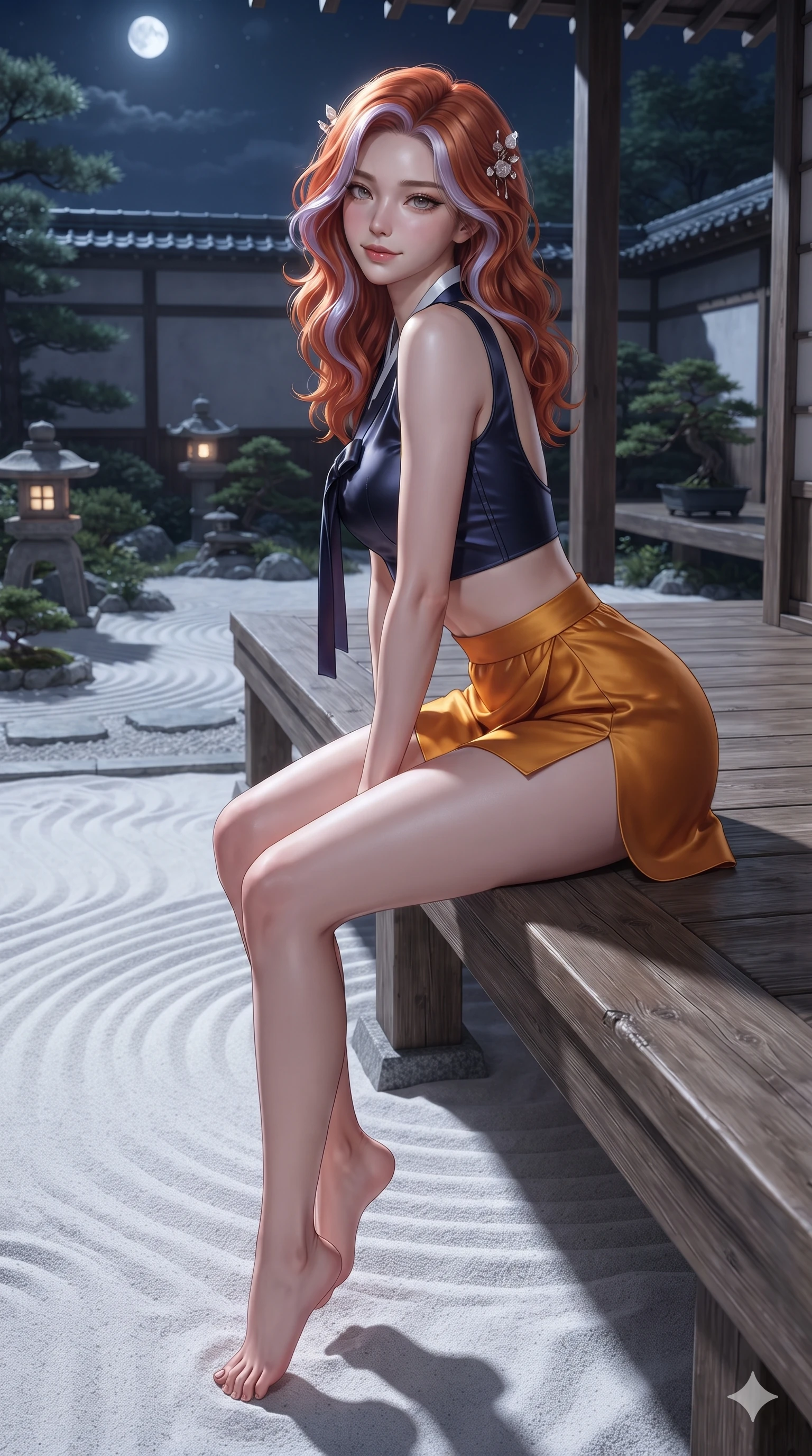 score_9, masterpiece, best quality, ultra-detailed, high-budget anime keyframe, editorial fashion photography, tasteful artistic composition, Caucasian woman. close-up cowboy shot from the waist and thighs up, the character dominates the composition, filling the frame with her large presence. leaning forward while arching her lower back to accentuate her curvy hips, looking into the camera with an intoxicating smoldering gaze and bedroom-eyes while sitting poised on the raised wooden gallery edge with legs dangling over the white sand ripples, casting an intoxicating, heavy-lidded gaze. The surrounding environment is rendered in vivid detail and crisp panoramic clarity: detailed modern boned hanbok bustier tailoring, micro-pleated skirt drape, and traditional garden craft in razor-sharp precision. She has an exceptionally elegant, slender, and willowy female figure with an ultra-slim waist, flat toned midriff, narrow ribcage, and sculpted feminine hips creating an alluring, slim hourglass silhouette without bulk. sharp v-shaped jawline, high-bridge nose, sparkling eyes with hypnotic seductive depth, thick curled eyelashes, glossy parted lips with a natural dewy peach sheen, alluring bedroom-eyes with an enchanting coquettish smile, exuding magnetic siren charisma and sophisticated glamour, flawlessly proportioned anatomical accuracy, strict slender model proportions, natural body alignment, perfectly sculpted long slender limbs, ultra-slim waistline, clean dynamic posture without body distortion. wearing a liquid-look silk satin jeogori crop top with low-back scoop paired with high-slit wrap mini shorts in midnight indigo and glowing lantern topaz, tailored from heavy double-faced silk faille with an exceptionally fluid drape, finished with delicate mother-of-pearl hairpin ornaments glinting in her dark glossy hair, the form-fitting cut adhering flawlessly to her sculpted flat midriff and slender torso, emphasizing her long leg lines and perfectly proportioned willowy build. bathed in the blinding, crisp 5500K silver light of the full moon reflecting off white sand. ultra-reflective glossy finish, specular highlights, rich textural contrasts, high-contrast stereoscopic depth, volumetric dynamic lighting, 2k, ultra detail, master piece, 9:16 ratio