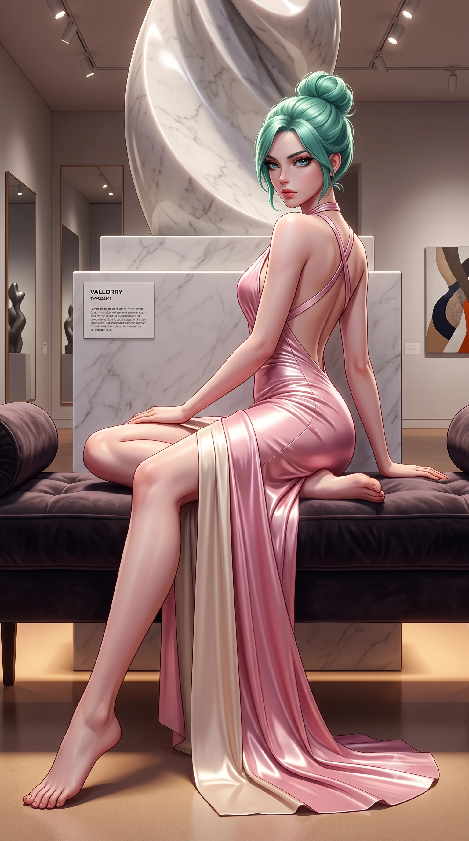 score_9, masterpiece, best quality, ultra-detailed, high-budget anime keyframe, semi-realistic 3D game render, editorial fashion photography, tasteful artistic composition, Japanese woman. low angle full-body shot from head to toe showing her feet, filling the entire 9:16 vertical frame with her statuesque presence, stretching her vertical silhouette. reclining on her side in an elegant Cleopatra pose with one knee drawn up, the dramatic contour of her rounded hips and long slender legs commanding the 9:16 vertical frame while leaning back against the pedestal of a minimalist marble sculpture with hips cocked, casting a cool, intellectual, and smoldering gaze at the camera. The surrounding environment is rendered in vivid detail and crisp panoramic clarity. detailed tailored dress seam lines, mirror reflection clarity, and gallery placard typography in high resolution. She has an exceptionally tall and slender model-like 8.5-heads proportion, an ultra-slim waist, a flat toned midriff, narrow delicate ribcage, and beautifully sculpted feminine hips creating a graceful, slim hourglass silhouette without any bulky heaviness, with impossibly long slender legs. sharp v-shaped jawline, high-bridge nose, intricate jewel-like eyes with depth, thick eyelashes, glossy parted lips with a natural sheen, intensely captivating and seductive bedroom-eyes expression, flawlessly proportioned anatomical accuracy, strict slender model proportions, natural body alignment, perfectly sculpted long slender limbs, ultra-slim waistline, clean dynamic posture without body distortion. wearing a plunging halter-neck metallic lamé column dress with a dramatic bare spine and hip-defining ruching in sakura blossom pink and warm ivory, tailored from smooth liquid silk satin adhering seamlessly to her skin, finished with criss-cross back satin straps highlighting her graceful shoulder blades, the dramatically scooped open back descending to the base of her spine, accentuating her razor-sharp statuesque lines and slim hourglass silhouette. bathed in precise museum directional spotlights from above and soft floor-level ambient fill. highly saturated vibrant anime colors, detailed shading with soft gradients, rich glossy textures, high-contrast stereoscopic depth, volumetric dynamic lighting, master piece, 9:16 ratio