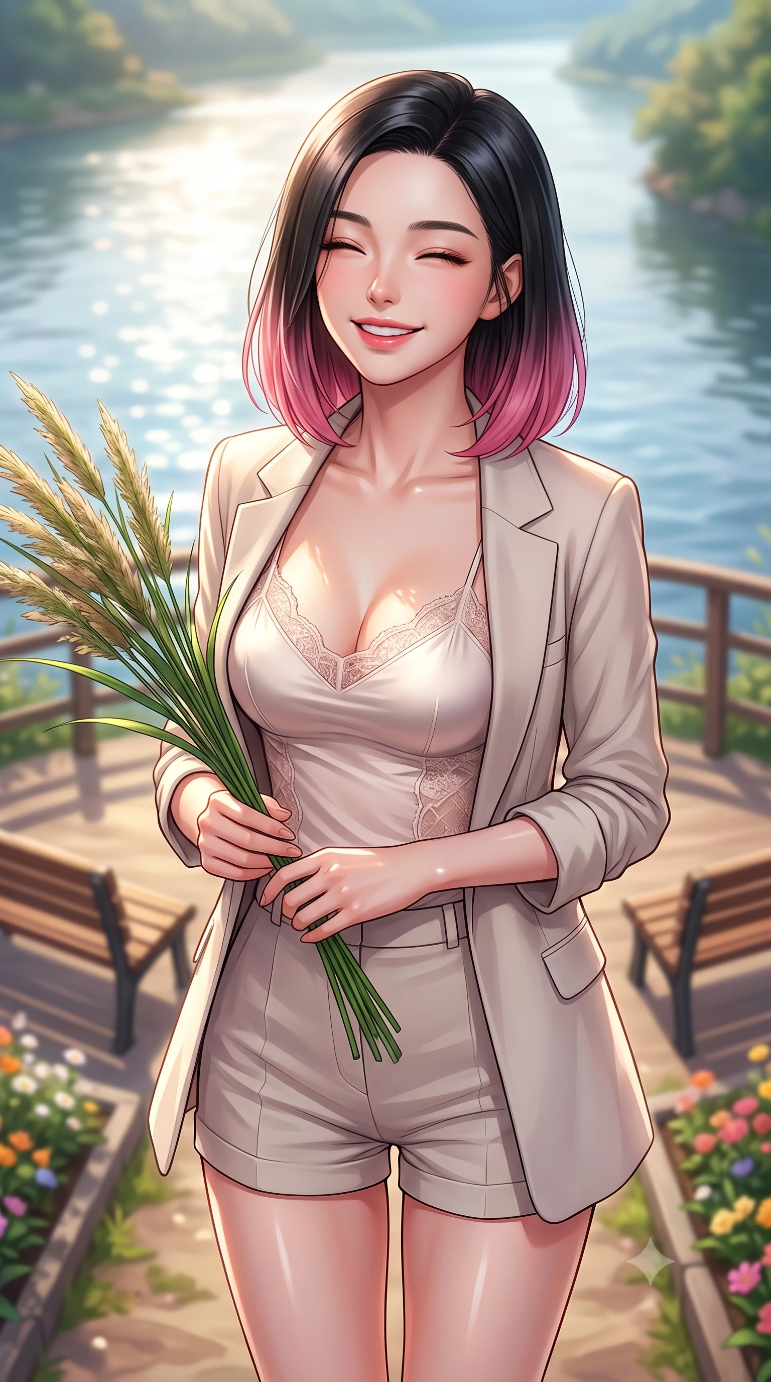 score_9, masterpiece, best quality, ultra-detailed, high-budget anime keyframe, editorial fashion photography, tasteful artistic composition, Korean woman. close-up cowboy shot from the waist and thighs up, the character dominates the composition, filling the frame with her large presence, background elements kept in soft focus. smiling happily with closed eyes, enjoying the warm sunbeams on her face set against a soft-focus background of at a scenic river bend overlook with wooden benches and flower beds holding a bunch of fresh river reeds with a happy, cute expression. She has an exceptionally elegant, slender, and willowy female figure with an ultra-slim waist, a gracefully sculpted slender torso, and a refined silhouette. sharp v-shaped jawline, high-bridge nose, intricate jewel-like eyes with depth, thick eyelashes, glossy lips with a natural sheen. wearing form-contouring delicate silk camisole with lace panels and a tailored blazer worn open over form-contouring shorts. bright daylight reflecting off the water, casting shifting ripples on her skin. highly saturated vibrant anime colors, detailed shading with soft gradients, rich glossy textures, high-contrast stereoscopic depth, volumetric dynamic lighting, master piece, 9:16 ratio