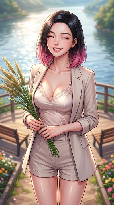 score_9, masterpiece, best quality, ultra-detailed, high-budget anime keyframe, editorial fashion photography, tasteful artistic composition, Korean woman. close-up cowboy shot from the waist and thighs up, the character dominates the composition, fi
