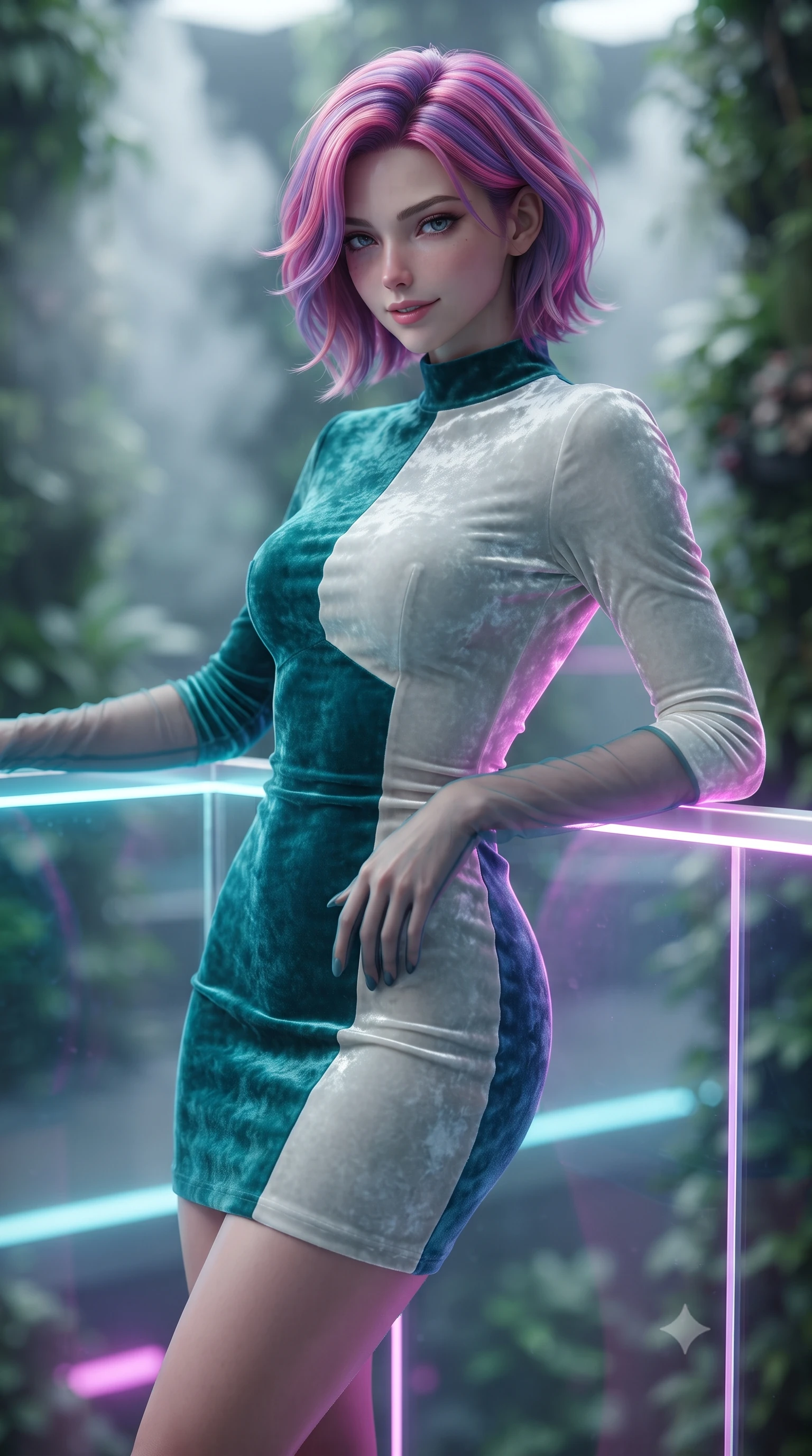 score_9, masterpiece, best quality, ultra-detailed, high-budget anime keyframe, editorial fashion photography, tasteful artistic composition, Caucasian woman. close-up cowboy shot from the waist and thighs up, the character dominates the composition, filling the frame with her large presence. tilting her head with a teasing half-smile, running one hand slowly down the side of her hip in a flirtatious S-curve as ambient light caresses her silhouette while leaning against the illuminated acrylic safety railing with hips cocked back, looking through vertical epiphytic gardens with smoldering bedroom-eyes. The background shows a soft-focus gentle canopy mist plumes softened in futuristic eco-garden shallow focus. She has an exceptionally elegant, slender, and willowy female figure with an ultra-slim waist, flat toned midriff, narrow ribcage, and sculpted feminine hips creating an alluring, slim hourglass silhouette without bulk. sharp v-shaped jawline, high-bridge nose, intricate jewel-like sparkling eyes with depth, thick eyelashes, glossy parted lips with a natural peach sheen, bright cheerful beaming smile with an enchanting and coquettish sensual glint, exuding both youthful cute charm and seductive allure, flawlessly proportioned anatomical accuracy, strict slender model proportions, natural body alignment, perfectly sculpted long slender limbs, ultra-slim waistline, clean dynamic posture without body distortion. wearing a tailored velvet bodycon cocktail dress with long fitted sleeves and mock neck in Verdon canyon emerald turquoise and dewy alabaster, tailored from ultra-plush silk velvet with rich tactile depth and deep shadow gradients, complemented by sheer opera-length evening gloves tracing her slender arms, the impeccably tailored cut draping gracefully along her slender figure with aristocratic poise. illuminated by acrylic railing reflection fill and sharp neon-magenta and cyan dual rim lights defining her dewy collarbones, ultra-slim waist, and curvy hips. ultra-reflective glossy finish, specular highlights, rich textural contrasts, high-contrast stereoscopic depth, volumetric dynamic lighting, 2k, ultra detail, master piece, 9:16 ratio