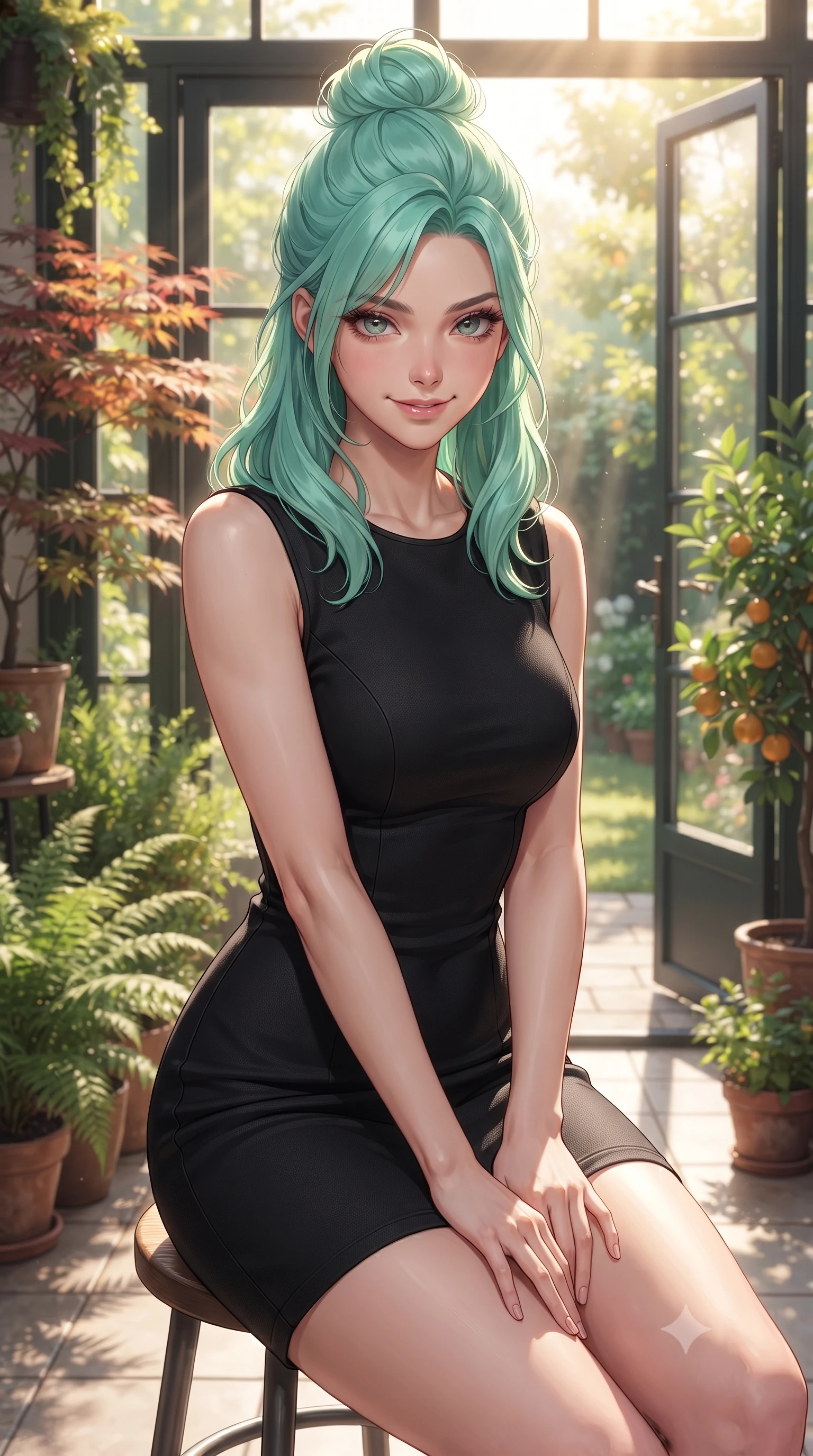 score_9, masterpiece, best quality, ultra-detailed, high-budget anime keyframe, editorial fashion photography, tasteful artistic composition, Japanese woman. close-up cowboy shot from the waist and thighs up, the character dominates the composition, filling the frame with her large presence, background elements kept in soft focus. leaning slightly forward with a playful, teasing smile, her gaze locked onto the viewer the background shows a soft-focus a private sun-drenched botanical patio with double glass doors opening to a garden. She has an exceptionally elegant, slender, and willowy female figure with an ultra-slim waist, a gracefully sculpted slender torso, and a refined silhouette. sharp v-shaped jawline, high-bridge nose, intricate jewel-like eyes with depth, thick eyelashes, glossy lips with a natural sheen. wearing a body-hugging form-fitting black bodycon dress in structured crepe fabric with a simple crew neck. bright afternoon sun rays illuminating the entire green space and her form. ultra-reflective glossy finish, specular highlights, metallic sheen, high-contrast stereoscopic depth, volumetric dynamic lighting, 2k, ultra detail, master piece, 9:16 ratio