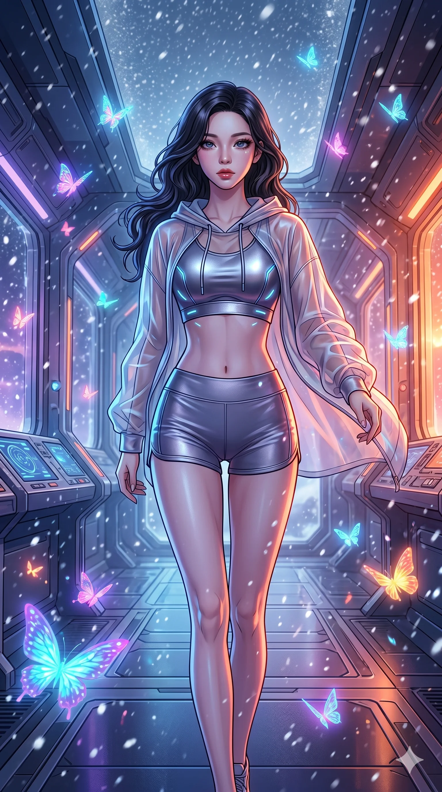 score_9, masterpiece, best quality, ultra-detailed, high-budget anime movie keyframe, cinematic anime lighting, intricate line art, Caucasian (strictly human ears) woman. Upper body filling screen focusing on her alluring features and slim-fit silhouette. walking through a blizzard in a futuristic orbital station surrounded by glowing butterflies. She has an absolutely perfect 8-heads proportion, an exceptionally tall and slender female figure with an ultra-slim waist and impossibly long slender legs. sharp v-shaped jawline, high-bridge nose, intricate jewel-like eyes, thick eyelashes, glossy lips. Wearing premium athleisure set with a metallic-finish compression top, high-cut yoga shorts that accentuate her long legs, and a sheer oversized hoodie. The scene is illuminated by dramatic atmospheric lighting and vibrant color palettes. , 2k, ultra detail, master piece, 9:16 ratio