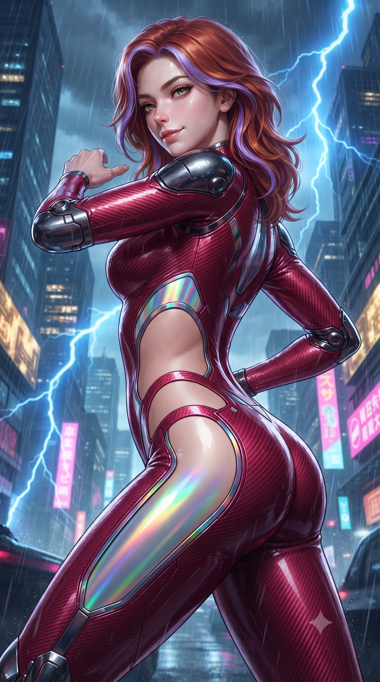 score_9, masterpiece, best quality, ultra-detailed, high-budget anime keyframe, editorial fashion photography, tasteful artistic composition, Caucasian woman. close-up cowboy shot from the waist and thighs up, the character dominates the composition, filling the frame with her large presence. resting one hand in a defensive deflective posture while glancing over her shoulder with thick eyelashes and a confident, smoldering combat half-smile while arching her spine in a fluid combat stance against raging typhoon winds as neon city lights pulse through the storm. The surrounding environment is rendered in vivid detail and crisp panoramic clarity. high-contrast storm chiaroscuro and atmospheric cyberpunk urban textures captured with precision. She has an exceptionally elegant, slender, and willowy female figure with an ultra-slim waist, a gracefully sculpted slender torso, toned flat midriff, and a refined slim silhouette. sharp v-shaped jawline, high-bridge nose, intricate jewel-like eyes with depth, thick eyelashes, glossy lips with a natural sheen, flawlessly proportioned anatomical accuracy, strict slender model proportions, natural body alignment, perfectly sculpted long slender limbs, ultra-slim waistline, clean dynamic posture without body distortion. wearing a skin-tight crimson carbon-weave battle-suit with metallic dark chrome elbow dampers and hip-accentuating cutouts in high-gloss iridescent rainbow carbon with prism holographic sheen, crafted from ultra-strong woven carbon-fiber composite with a satin luster, finished with high-mobility flexible limb seams and miniature magnetic armor locks, the precision-cut daring openings accentuating her delicate midriff, graceful bare collarbones, and ultra-slim feminine waistline. bathed in dramatic blue lightning flashes and vibrant neon city ambient reflections. ultra-reflective glossy finish, specular highlights, dark metallic sheen, high-contrast stereoscopic depth, volumetric dynamic lighting, 2k, ultra detail, master piece, 9:16 ratio