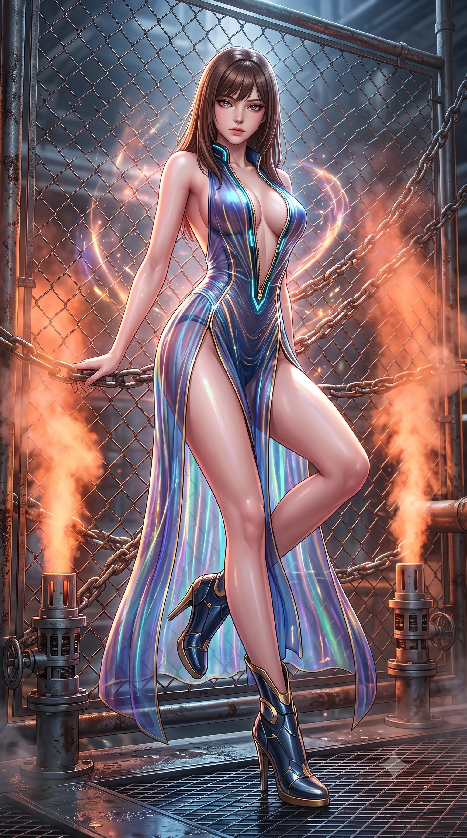 score_9, masterpiece, best quality, ultra-detailed, high-budget anime keyframe, semi-realistic 3D game render, editorial fashion photography, tasteful artistic composition, Korean woman. low angle full-body shot from head to toe showing her feet, filling the entire 9:16 vertical frame with her statuesque presence, stretching her vertical silhouette. performing an alluring mid-air vault with flawless poise, looking directly into the camera with smoldering intensity while lounging with dangerous confidence against a heavy chain-link barrier as hot orange steam vents around her. The surrounding environment is rendered in vivid detail and crisp panoramic clarity. sharp chain-link metal wire textures, wet steel floor grating, and detailed steam pipe nozzles in deep focus. She has an absolutely perfect, statuesque 8.5-heads proportion, an exceptionally tall and slender model-like female figure with impossibly long slender legs and an ultra-slim waist. sharp v-shaped jawline, high-bridge nose, intricate jewel-like eyes with depth, thick eyelashes, glossy lips with a natural sheen, flawlessly proportioned anatomical accuracy, natural body alignment, perfectly sculpted elegant limbs, clean dynamic posture without body distortion. wearing a translucent iridescent chiffon gown with a plunging neckline, high dual thigh slits, and an open back in midnight sapphire blue and glowing gold filaments, tailored from semi-translucent cybernetic vinyl with glowing micro-filaments, featuring a dangerously unzipped neckline framed by glowing cybernetic accents, the form-contouring second-skin material highlighting her ultra-slim waist and long lines. surrounded by a fierce, electrifying, and dangerously provocative sensual combat aura. highly saturated vibrant anime colors, detailed shading with soft gradients, rich glossy textures, high-contrast stereoscopic depth, volumetric dynamic lighting, master piece, 9:16 ratio