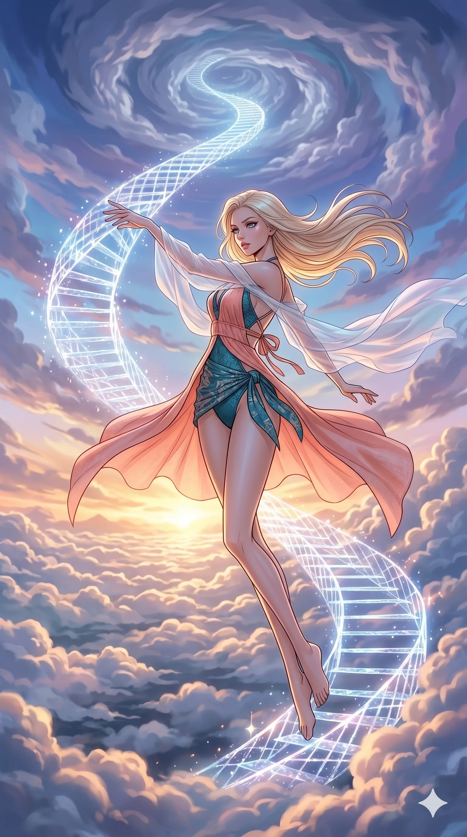 score_9, masterpiece, best quality, ultra-detailed, high-budget anime movie keyframe, cinematic anime lighting, intricate line art, Korean woman. Mid-air action shot capturing a graceful twist and vertical silhouette. weaving a staircase of light into the clouds. She has an absolutely perfect 8-heads proportion, an exceptionally tall and slender female figure with an ultra-slim waist and impossibly long slender legs. strictly human anatomy, two legs only, no extra limbs, clearly defined legs and arms, perfect anatomy, perfect hands and fingers. sharp v-shaped jawline, high-bridge nose, intricate jewel-like eyes, thick eyelashes, glossy lips. Wearing Seasonal/Resort: High-cut one-piece with sarong, linen sundress with tie-back, and sheer fabric wrap. The scene is illuminated by dramatic atmospheric lighting and vibrant color palettes. , 2k, ultra detail, master piece, 9:16 ratio