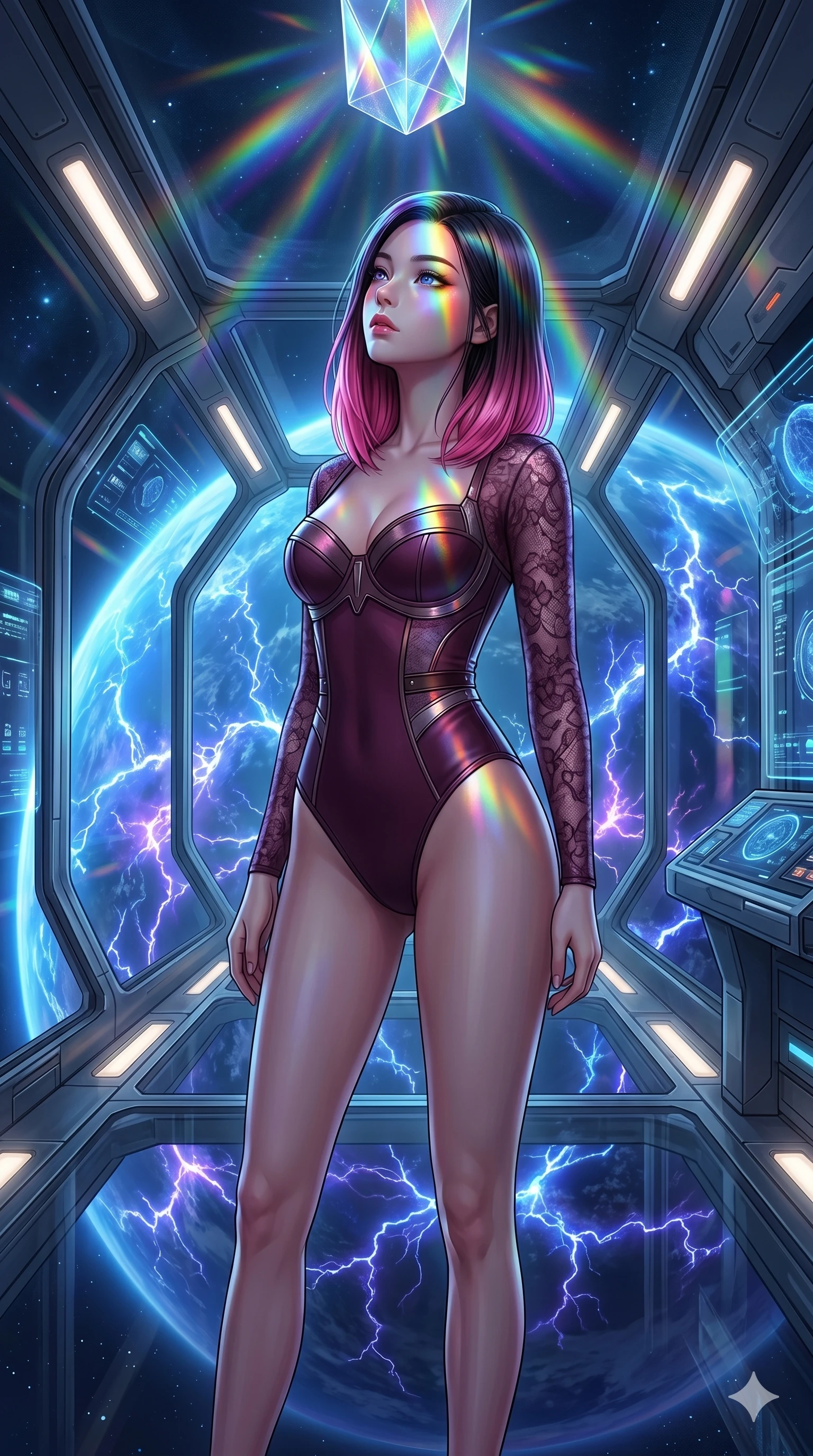 score_9, masterpiece, best quality, ultra-detailed, high-budget anime keyframe, editorial fashion photography, tasteful artistic composition, Korean woman. cowboy shot from the thighs up, character and outfit filling the frame for maximum editorial presence. Glancing upward with a thoughtful, dreamy expression, the light catching her glossy lips on a high-orbit skybridge overlooking a glowing blue planet wrapped in electrical storms. She has an absolutely perfect 8-heads proportion, an exceptionally tall and slender female figure with impossibly long slender legs and an ultra-slim waist. V-shaped jawline, high-bridge nose, intricate jewel-like eyes with depth, thick eyelashes, glossy lips with a natural sheen. wearing a precision-fitted bodysuit in deep plum featuring a structured bustier and semi-opaque lace sleeves. illuminated by refracted rainbow light from a crystal prism overhead, coloring her face and outfit. 2k, ultra detail, master piece, 9:16 ratio
