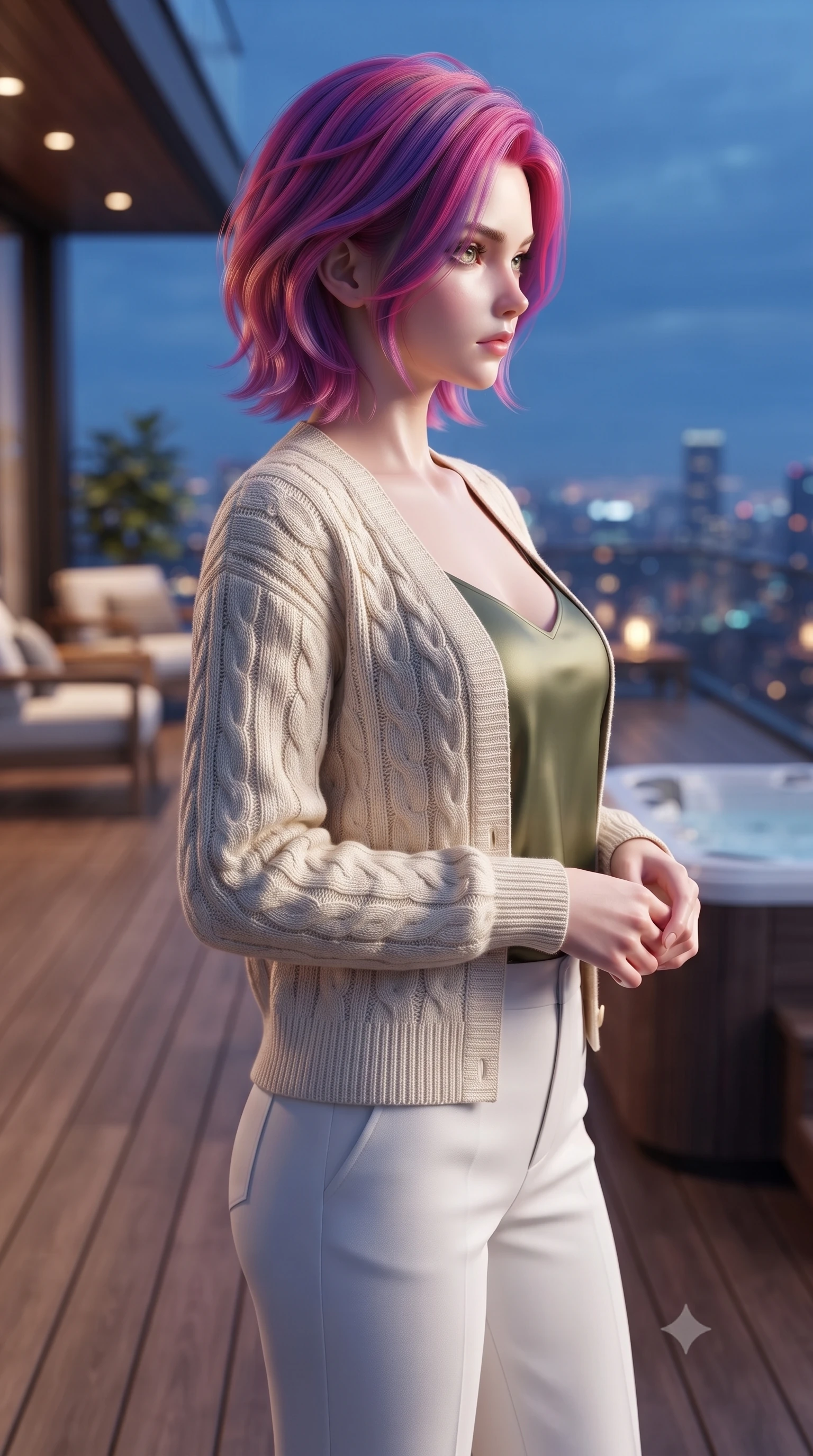 score_9, masterpiece, best quality, ultra-detailed, high-budget anime keyframe, editorial fashion photography, tasteful artistic composition, Caucasian woman woman. close-up cowboy shot from the waist and thighs up, the character dominates the composition, filling the frame with her large presence, background elements kept in soft focus. turning her face in sharp profile, casting a cold, mysterious, yet intensely sensual side gaze the background shows a soft-focus a wooden deck of a high-rise penthouse, with outdoor furniture and a private jacuzzi. She has an exceptionally elegant, slender, and willowy female figure with an ultra-slim waist, a gracefully sculpted slender torso, and a refined silhouette. sharp v-shaped jawline, high-bridge nose, intricate jewel-like eyes with depth, thick eyelashes, glossy lips with a natural sheen. wearing a form-contouring cozy cream cardigan worn over an olive green silk camisole and tailored white trousers. glittering city lights starting to turn on in the blue twilight background. ultra-reflective glossy finish, specular highlights, metallic sheen, high-contrast stereoscopic depth, volumetric dynamic lighting, 2k, ultra detail, master piece, 9:16 ratio