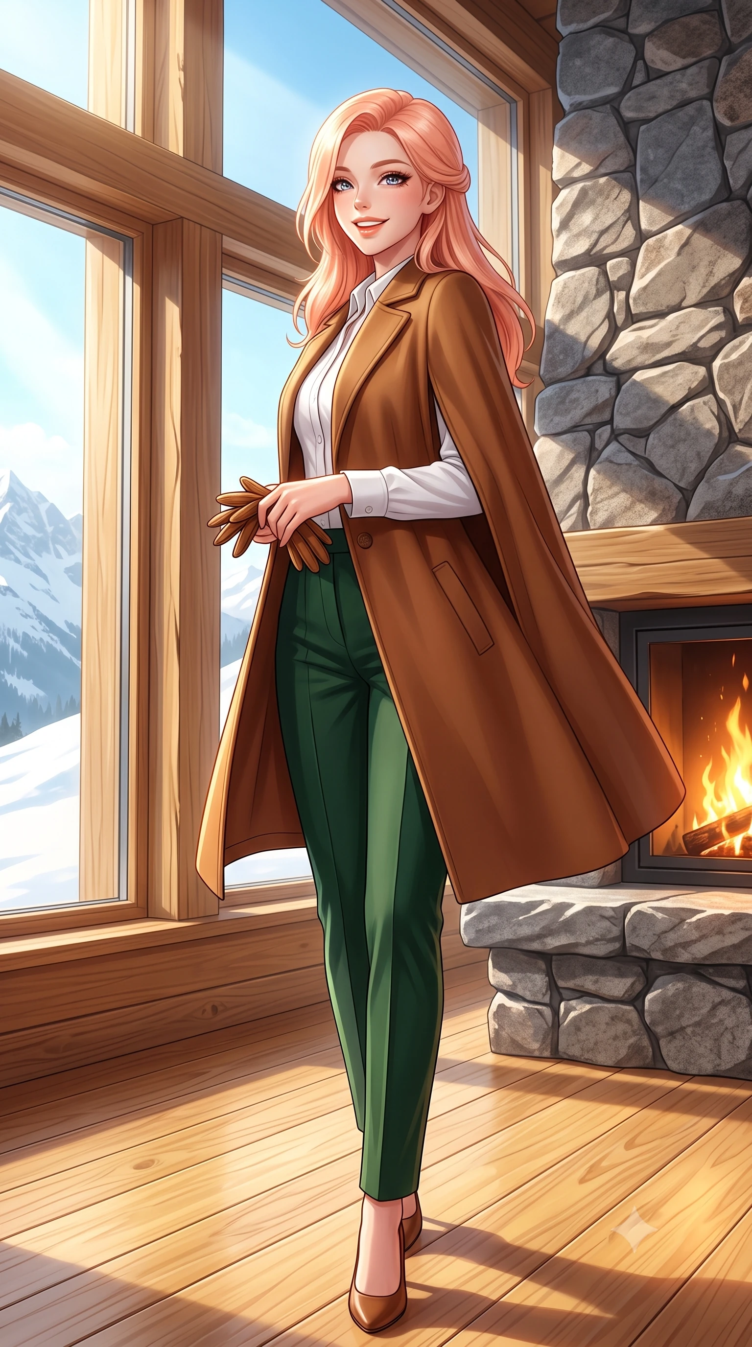 score_9, masterpiece, best quality, ultra-detailed, high-budget anime keyframe, semi-realistic 3D game render, editorial fashion photography, tasteful artistic composition, Japanese woman. low angle full-body shot from head to toe showing her feet, filling the entire 9:16 vertical frame with her statuesque presence, stretching her vertical silhouette. executing an elegant pivot turn as the hem of her pleated wool skirt sways rhythmically, glancing back with joyful radiance while walking across the honey-toned pine floor toward the panoramic window, her chunky cable-knit sweater accentuating her slender waistline. The surrounding environment is rendered in vivid detail and crisp panoramic clarity: sharp natural cleavage lines in rough-hewn granite fireplace, triple-glazed insulated window seals, and wide fir timber plank grain in deep focus. She has an exceptionally tall and slender model-like 8.5-heads proportion, an ultra-slim waist, a flat toned midriff, narrow delicate ribcage, and beautifully sculpted feminine hips creating a graceful, slim hourglass silhouette without any bulky heaviness, with impossibly long slender legs. sharp v-shaped jawline, high-bridge nose, intricate jewel-like sparkling eyes with depth, thick eyelashes, glossy parted lips with a natural peach sheen, bright cheerful beaming smile with an enchanting and coquettish sensual glint, exuding both youthful cute charm and seductive allure, flawlessly proportioned anatomical accuracy, strict slender model proportions, natural body alignment, perfectly sculpted long slender limbs, ultra-slim waistline, clean dynamic posture without body distortion. wearing an elegant tailored cape coat in brushed wool worn over a crisp white cotton shirt and tailored cigarette pants in heritage British racing green and warm cognac brown, woven from fine Australian merino wool with a smooth fluid drape and subtle sheen, complemented by buttery leather gloves held delicately in one manicured hand, the expertly draped wool fabric falling in crisp fluid lines along her tall 8.5-heads silhouette, celebrating her slender frame without excess fabric bulk. bathed in the dramatic high-altitude Swiss mountain sunlight streaming through panoramic windows mixed with golden hearth firelight. highly saturated vibrant anime colors, detailed shading with soft gradients, rich glossy textures, high-contrast stereoscopic depth, volumetric dynamic lighting, master piece, 9:16 ratio